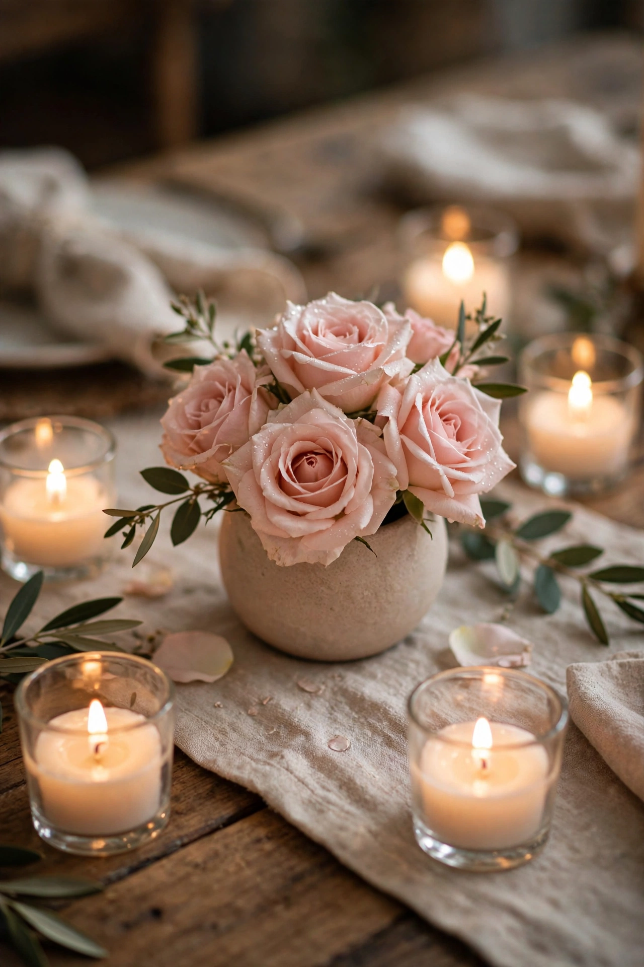 Close-up of a small blush rose centerpiece surrounded by glowing tea lights on a rehearsal dinner table