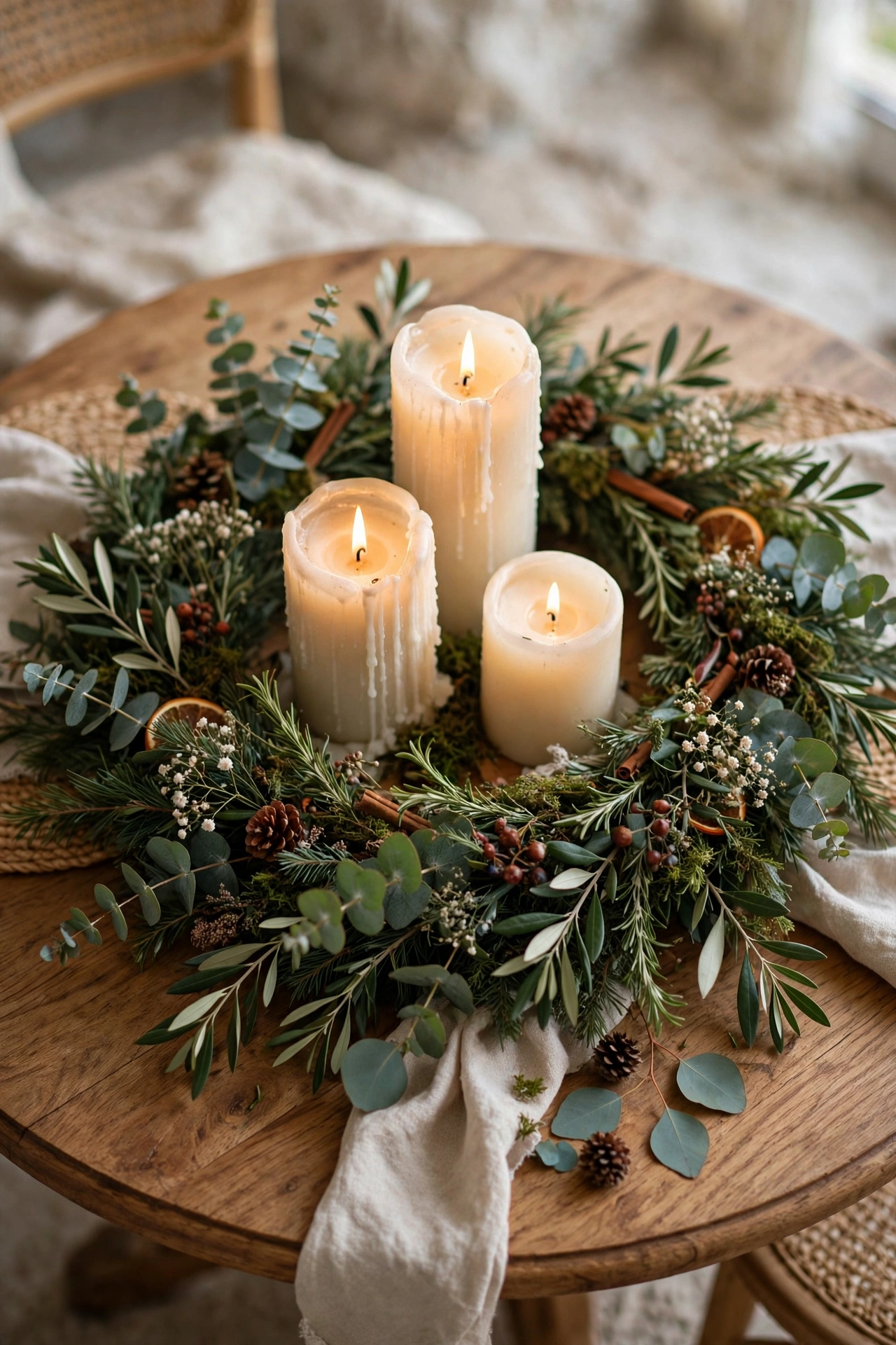 Cozy round rehearsal dinner table with a greenery garland runner and glowing pillar candles