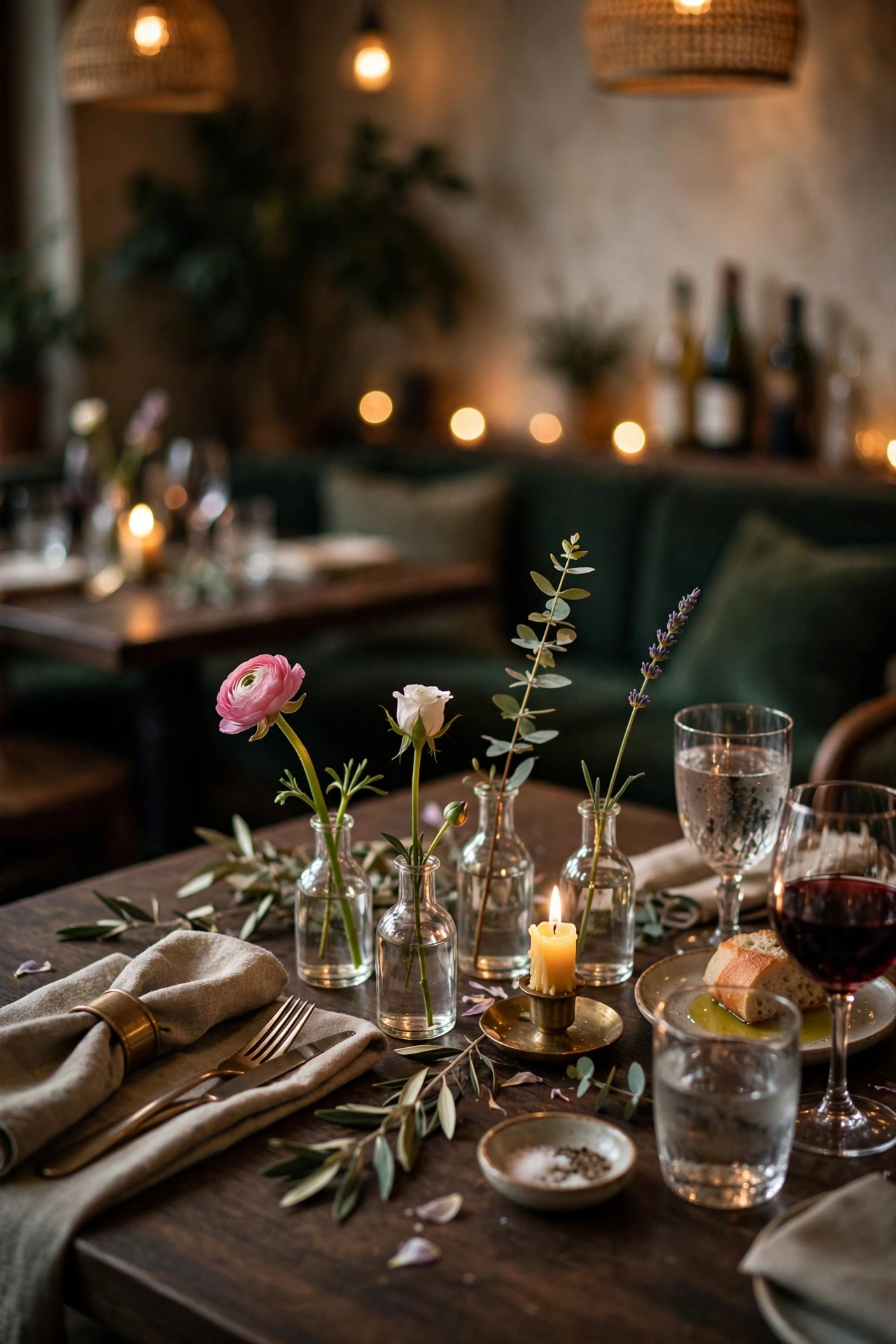 Intimate restaurant dinner table with bud vases holding single stems among glowing candles