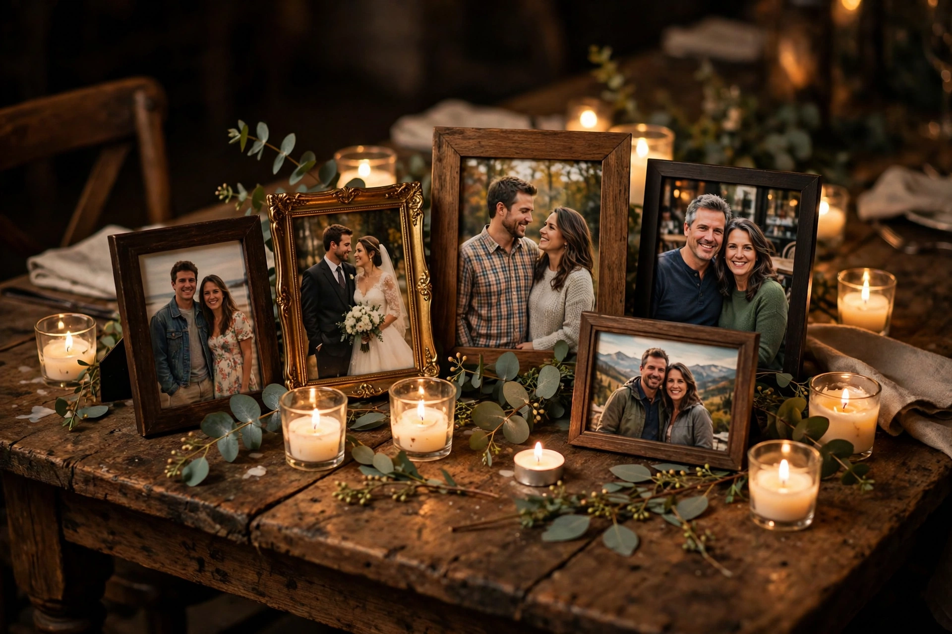 Memory photo display table with framed couple photos, tea lights and eucalyptus at an intimate rehearsal dinner