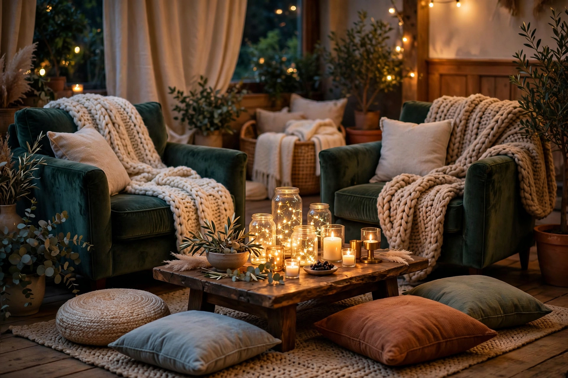 Cozy lounge corner with velvet armchairs, knit blankets and a candlelit coffee table at a rehearsal dinner