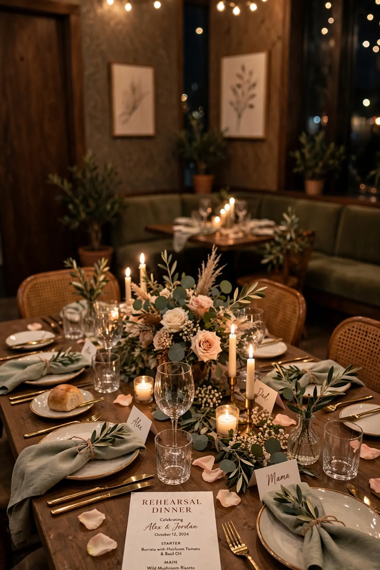 Intimate rehearsal dinner setup in a restaurant private room glowing with string lights