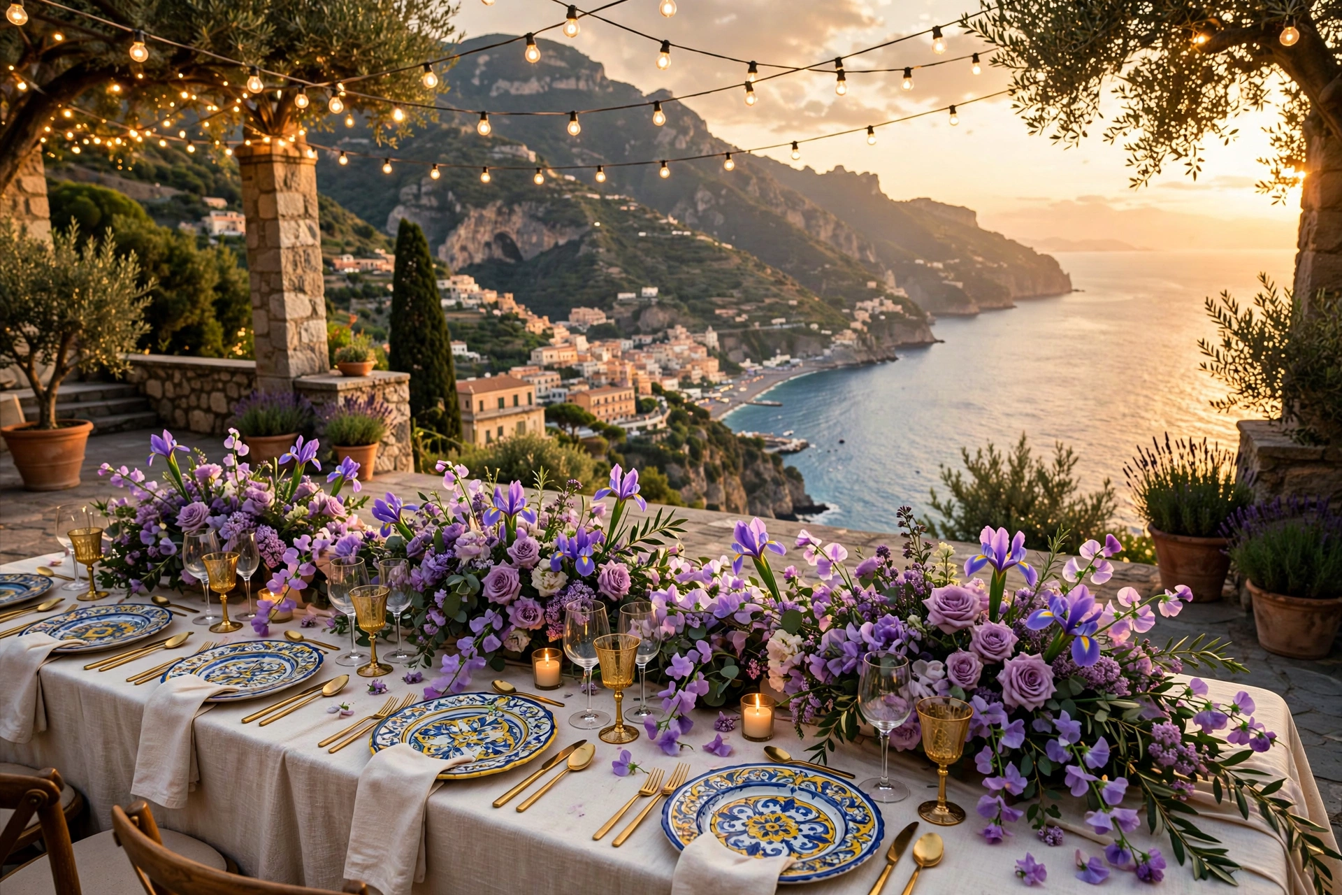 Italian wedding tablescape on a Ravello terrace at golden hour with purple and lilac florals, hand-painted chargers and Amalfi sea view