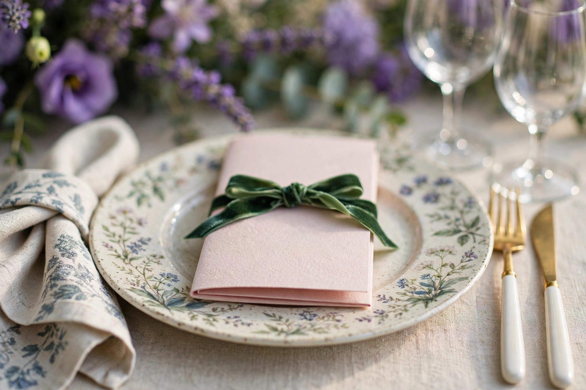Close-up Italian wedding place setting with hand-painted botanical charger, blush menu card tied with green velvet ribbon, gold flatware and patterned napkin