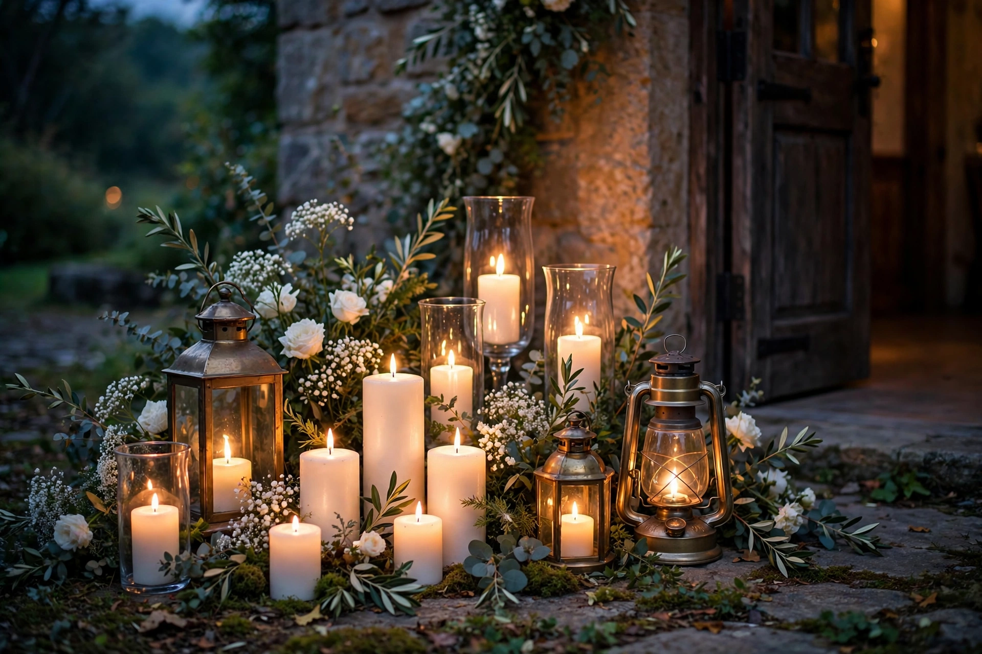 Layered candles and lanterns glowing at an intimate wedding welcome area at dusk