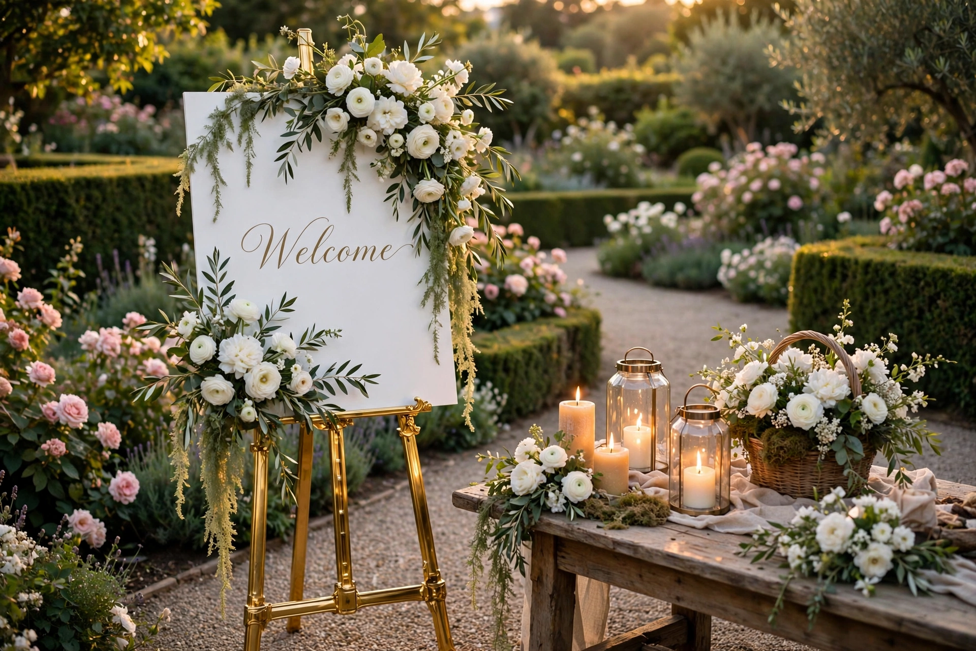 Intimate garden wedding welcome area with white welcome sign on gold easel, white florals and glowing candles