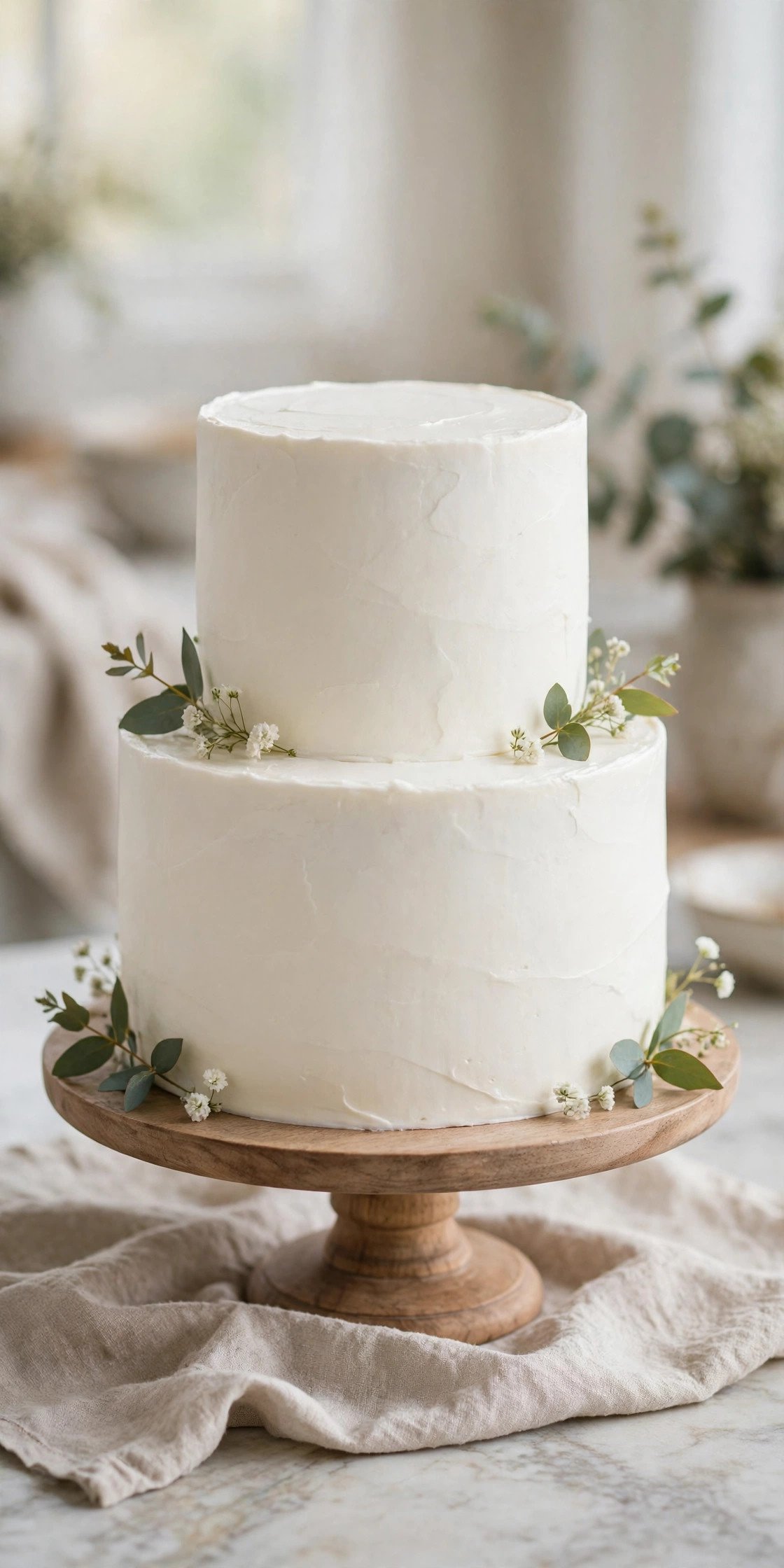 Simple two-tier wedding cake with smooth buttercream