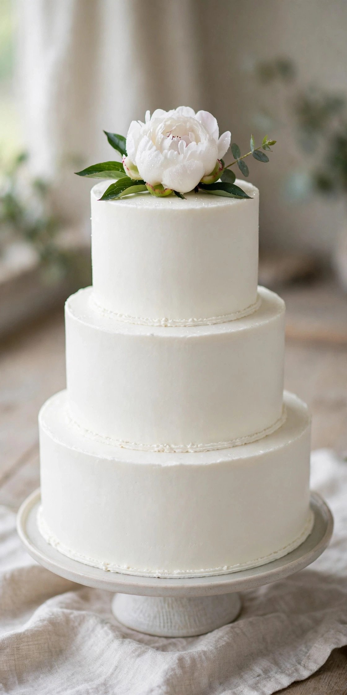 Simple white wedding cake with a single fresh bloom