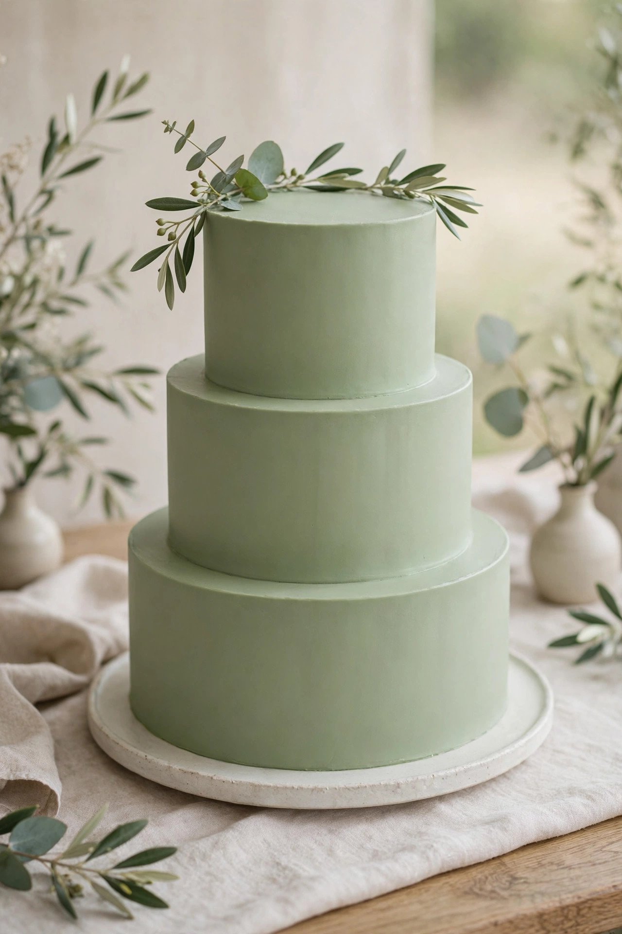 Sage green simple wedding cake with smooth finish