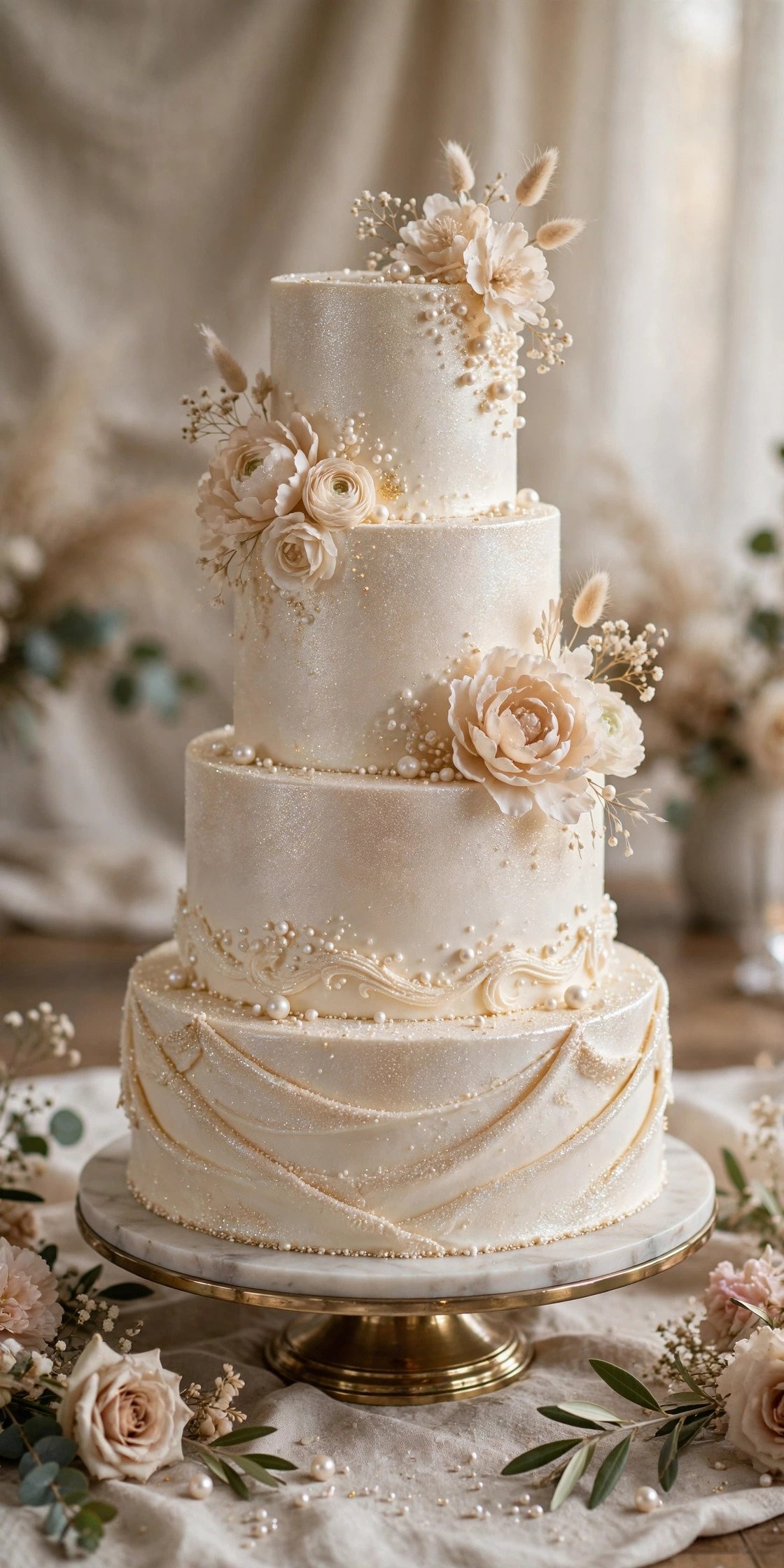 Champagne shimmer wedding cake with pearl dust finish