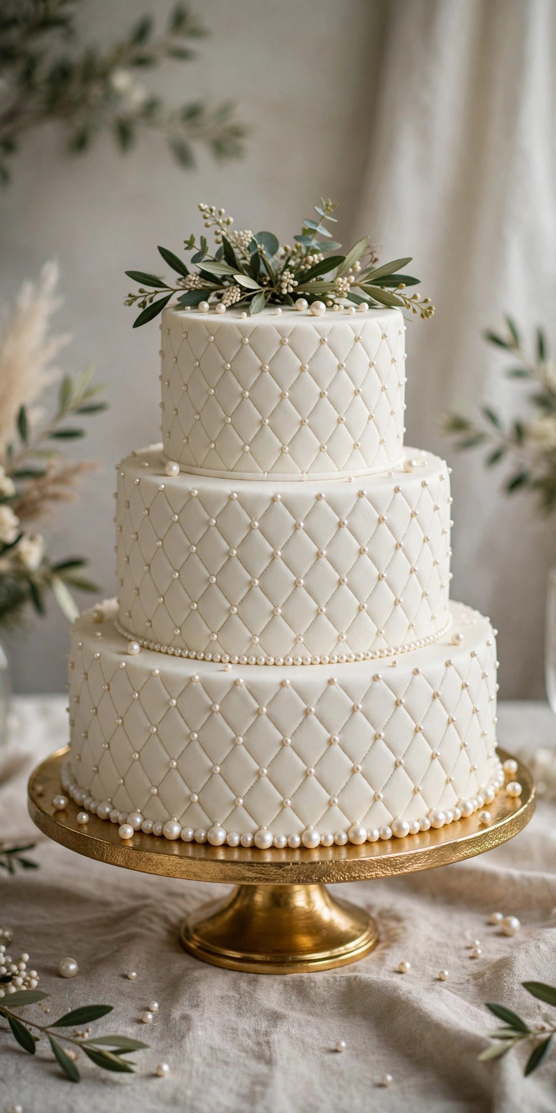 Quilted fondant wedding cake with pearl details
