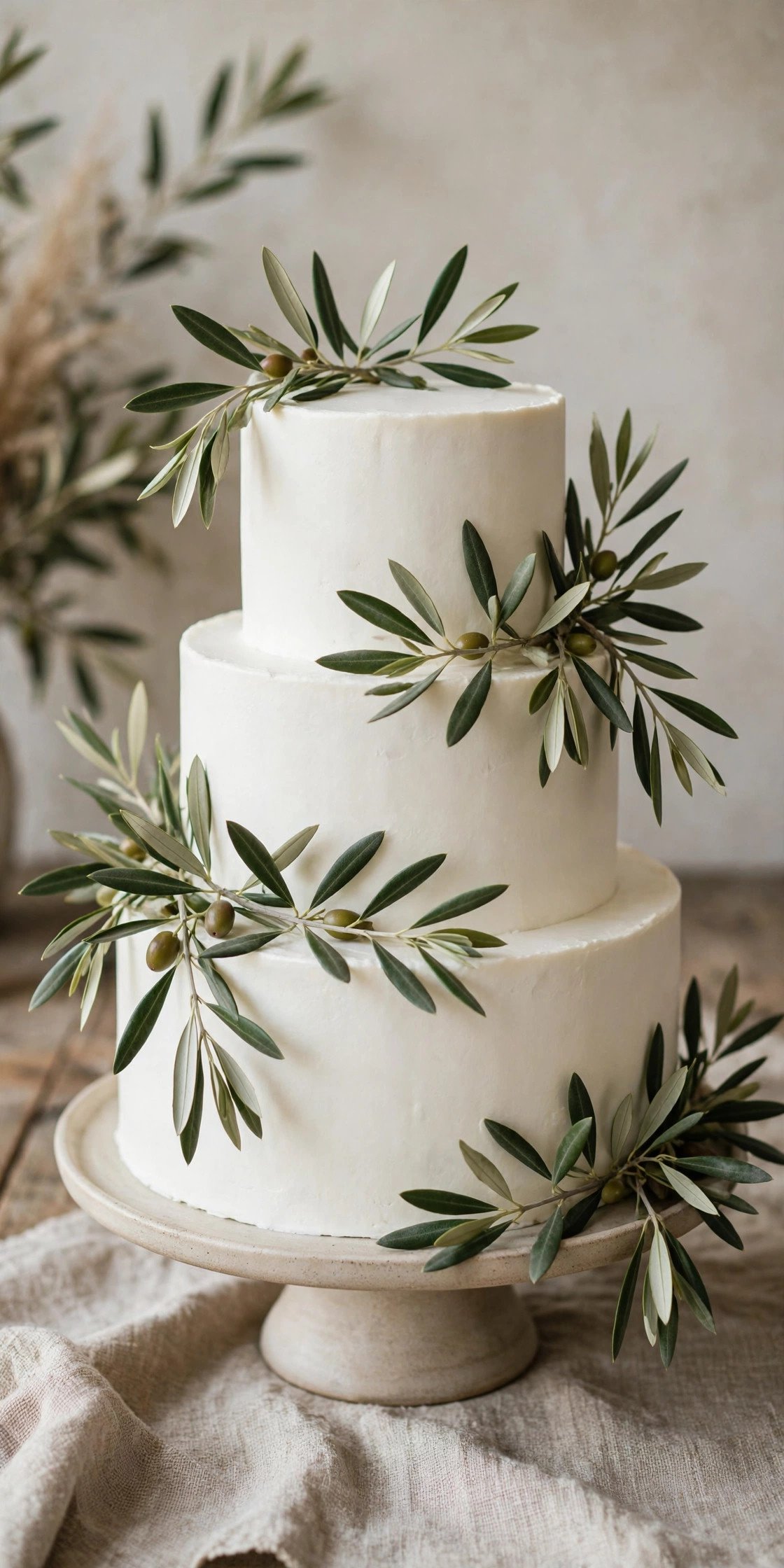 Simple wedding cake adorned with fresh olive branches