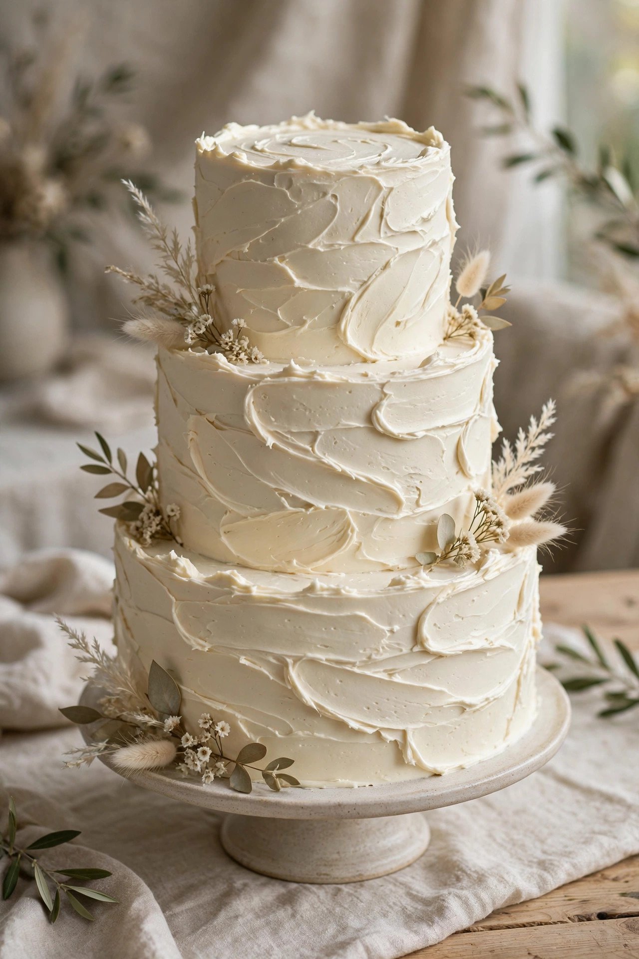 Wedding cake with spatula-textured ivory buttercream