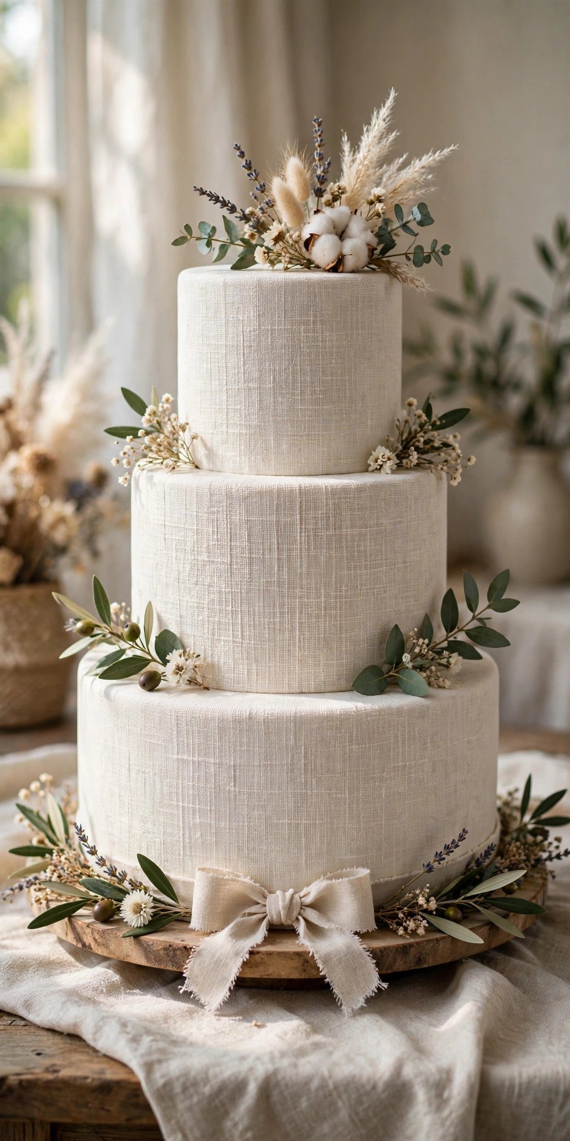 Wedding cake with linen-textured fondant finish