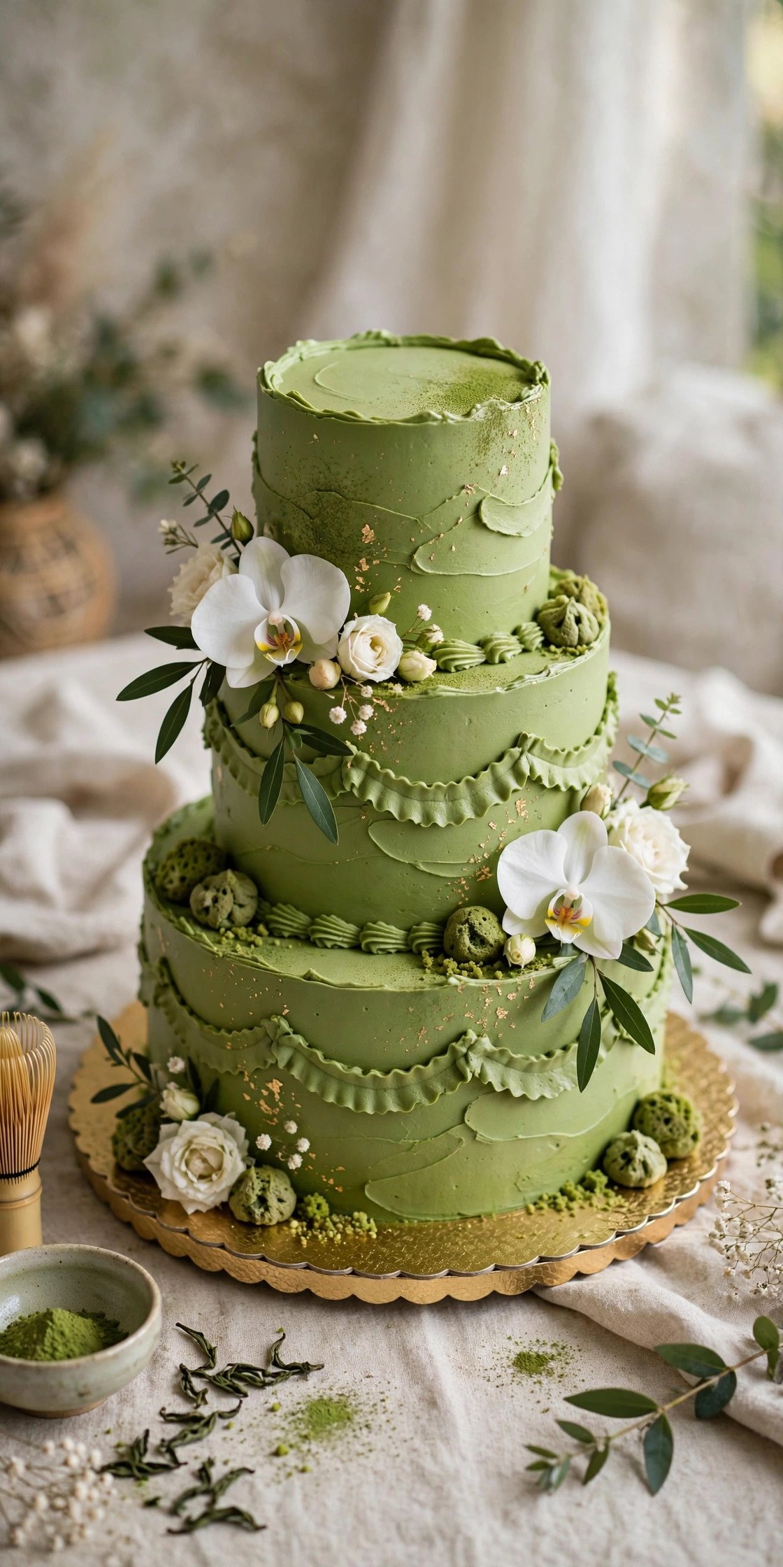 Matcha green tea wedding cake with elegant design