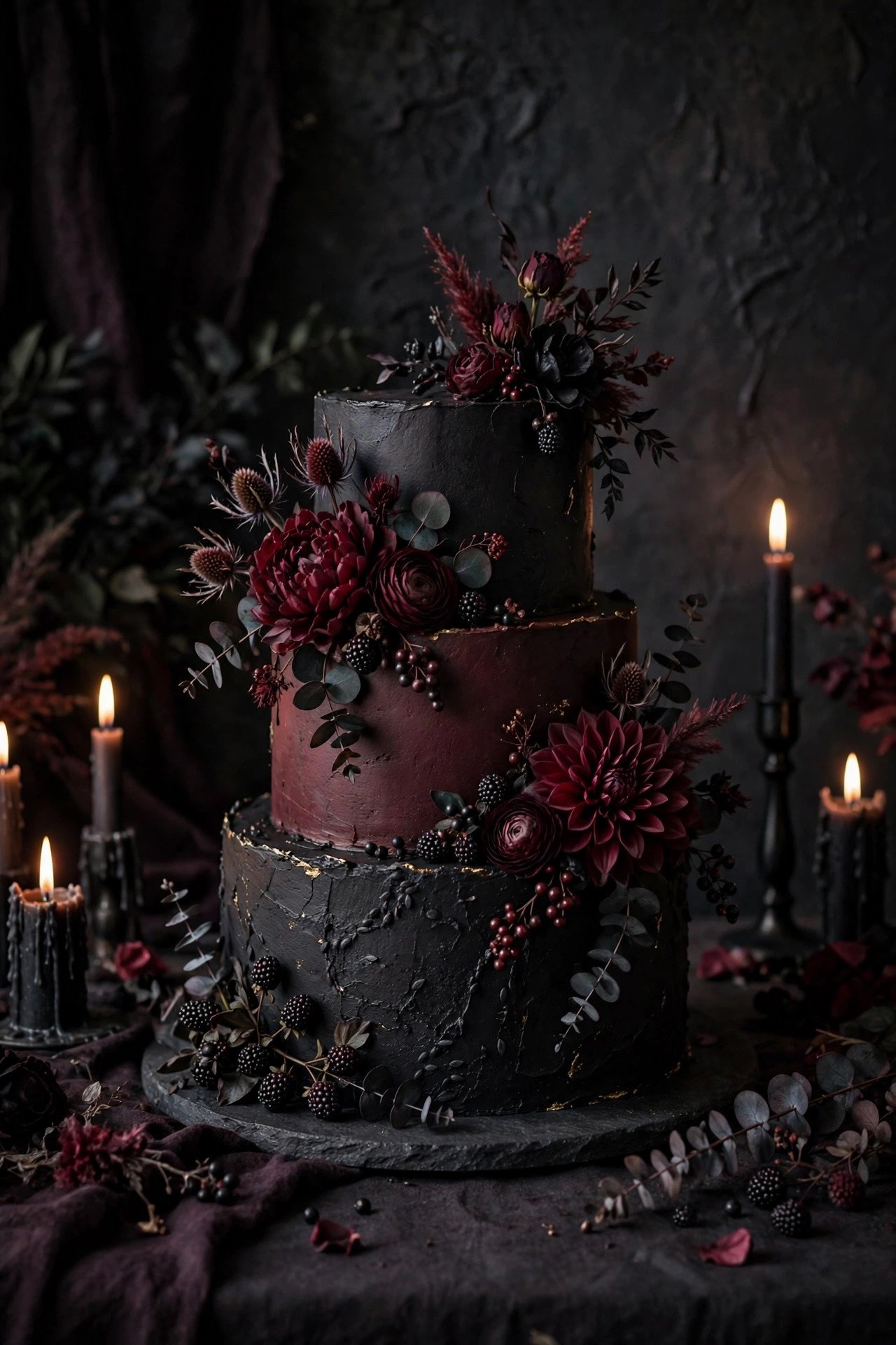 Moody dark wedding cake with black and burgundy tones