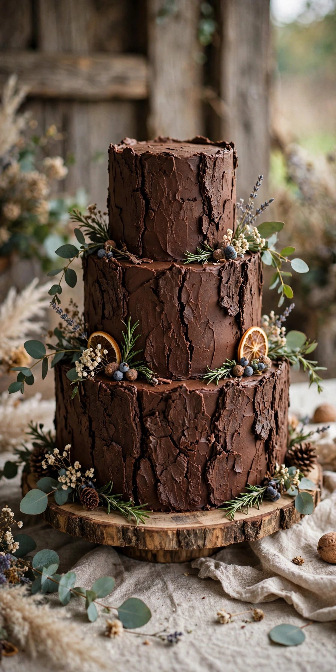 Rustic wedding cake with bark-textured chocolate frosting