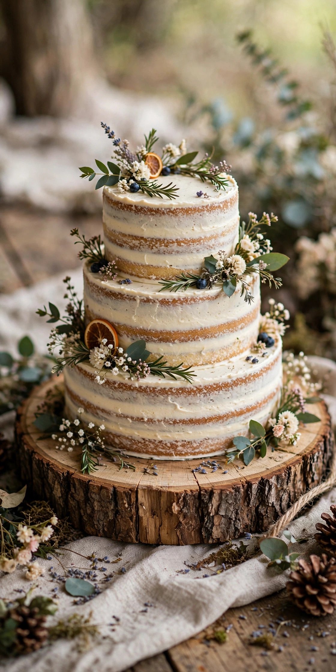 Rustic wedding cake displayed on a wooden log slice