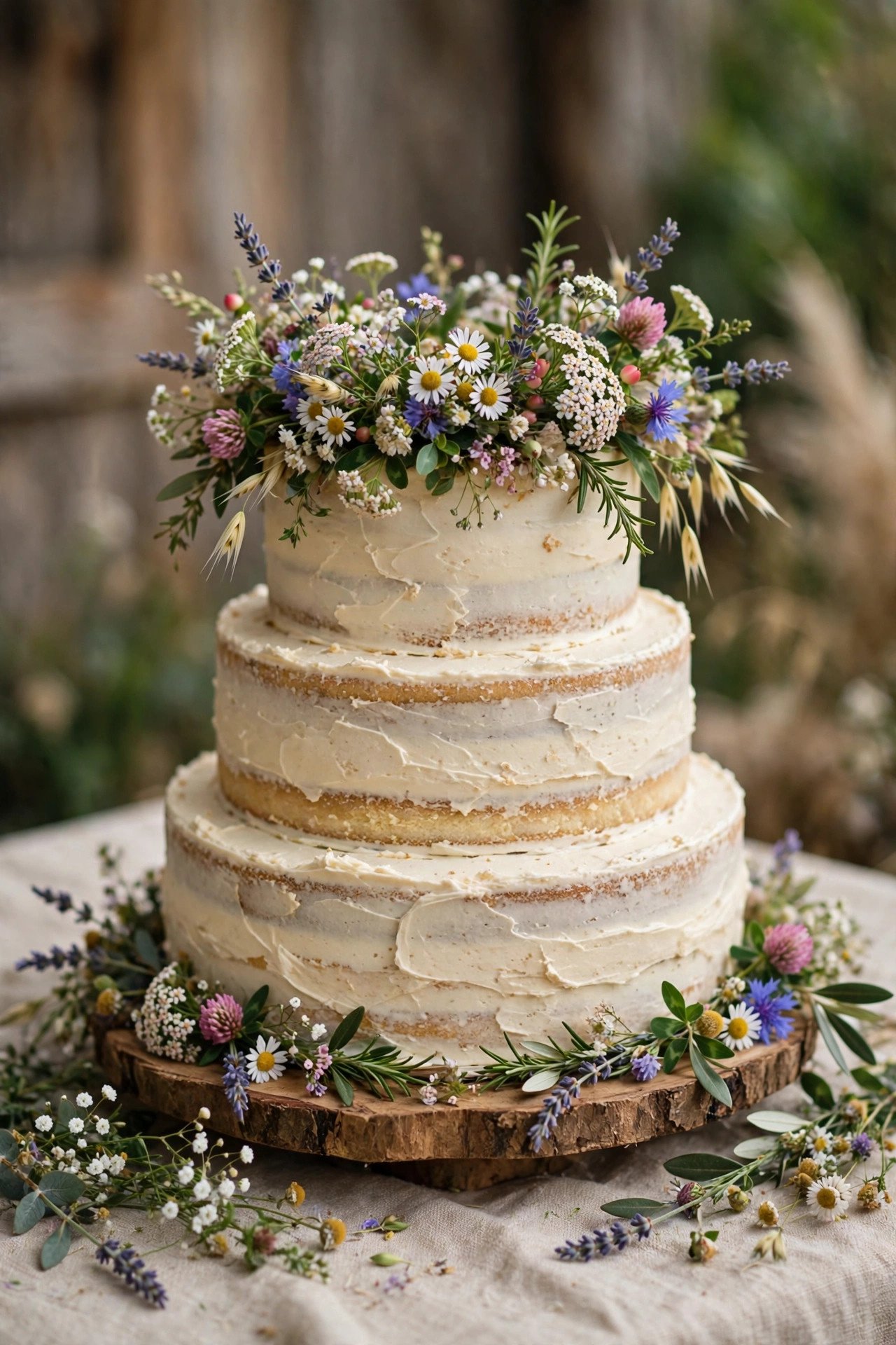 Rustic wedding cake crowned with wildflowers
