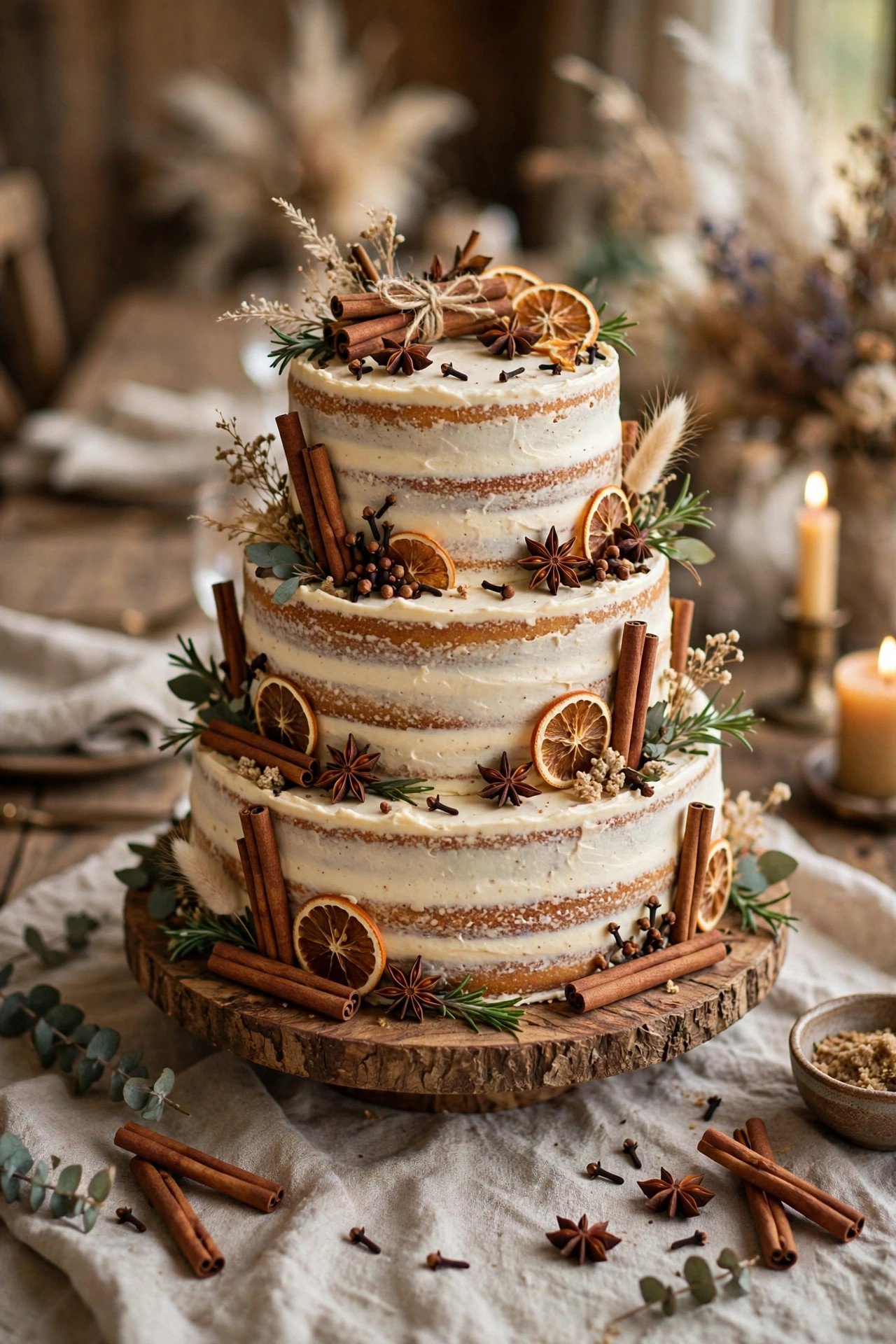 Rustic wedding cake with cinnamon sticks and warm spices