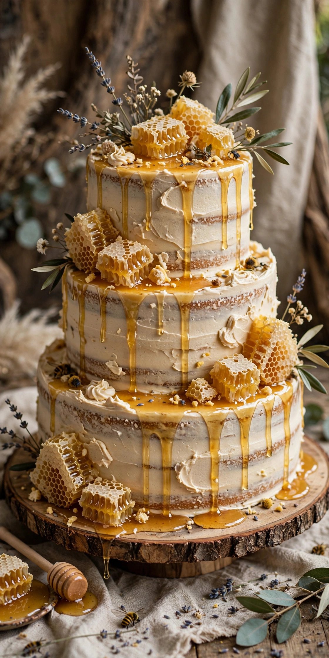 Rustic honeycomb wedding cake with honey drizzle