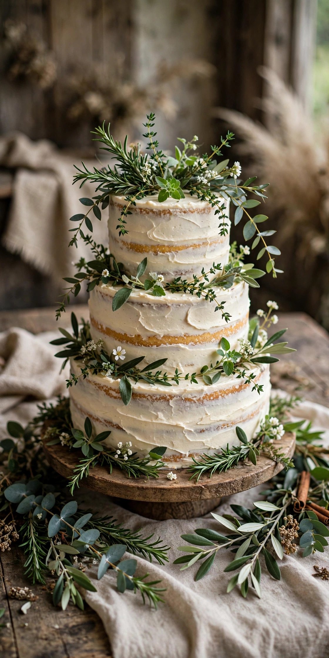 Rustic wedding cake with fresh herbs and greenery