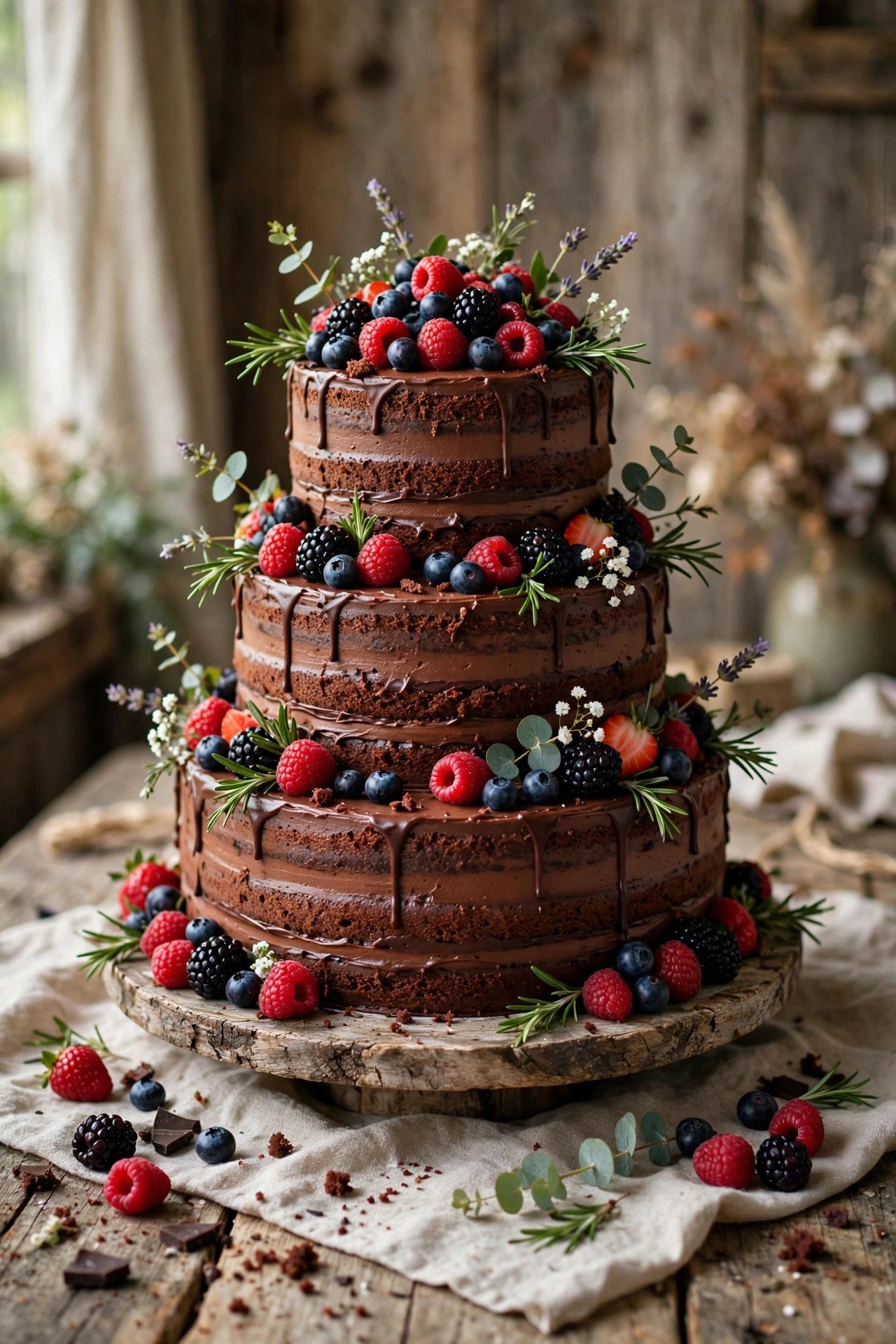 Rustic naked chocolate wedding cake with berries