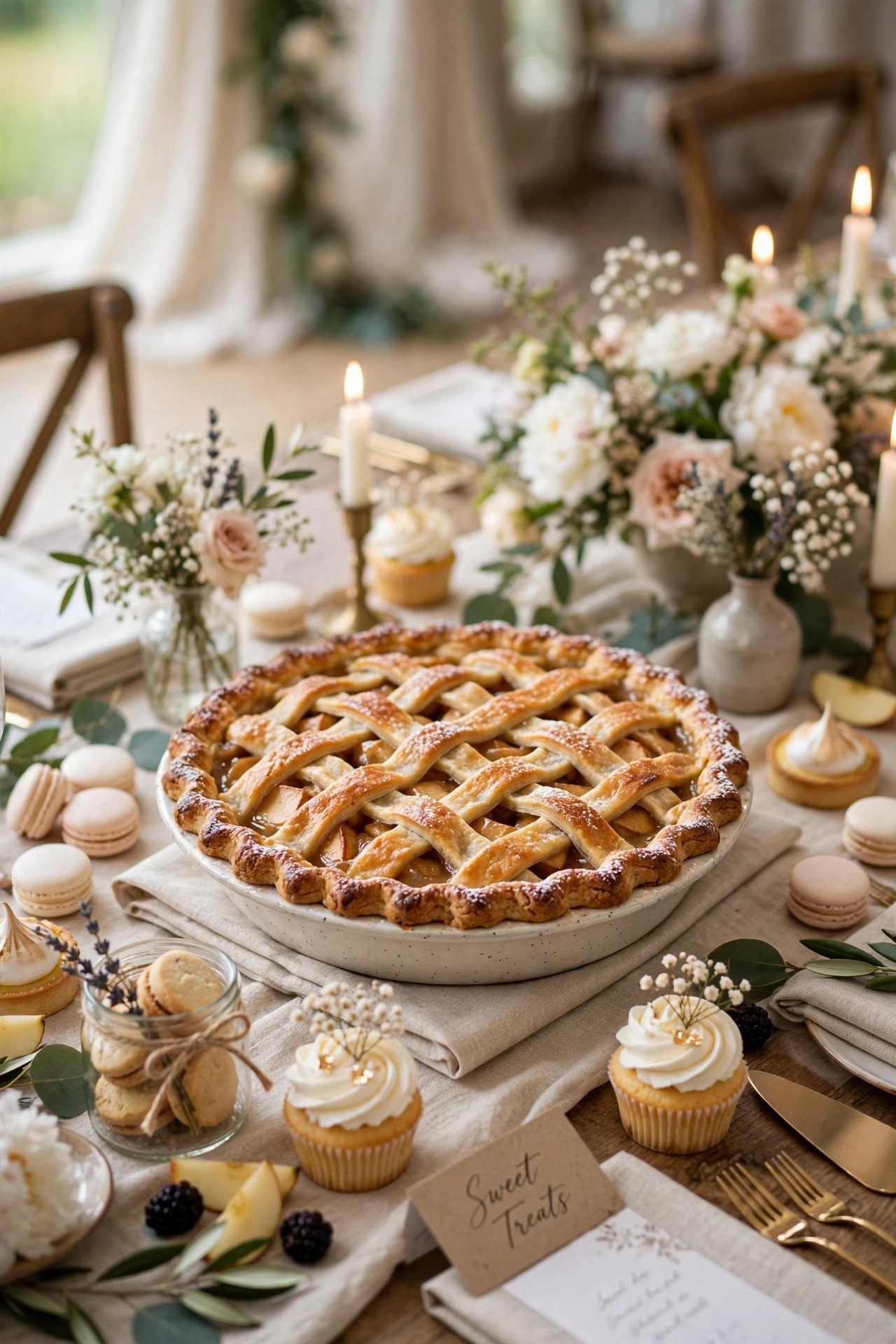 Classic apple pie on a wedding dessert table