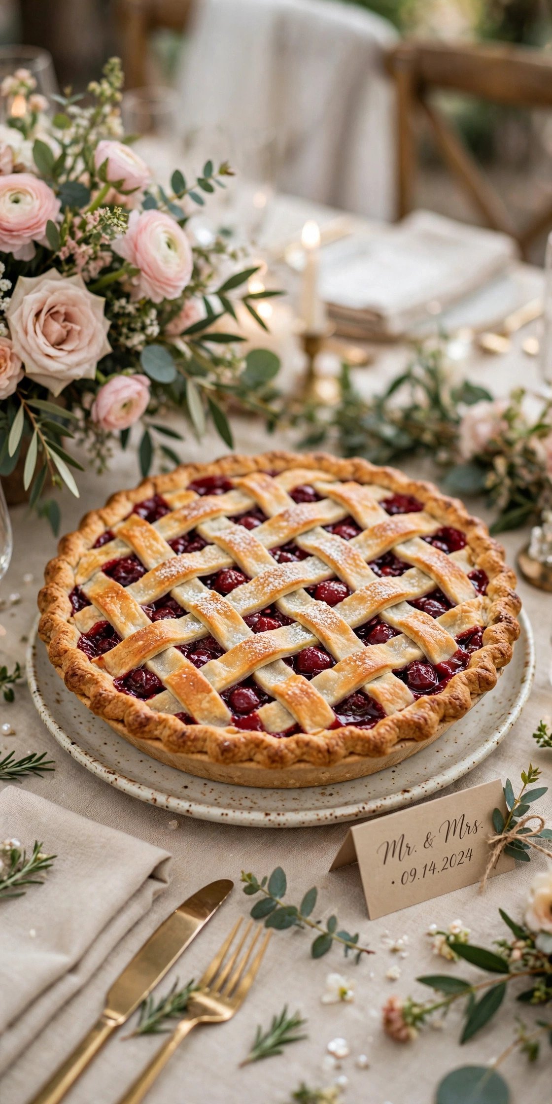 Cherry pie with lattice crust at a wedding