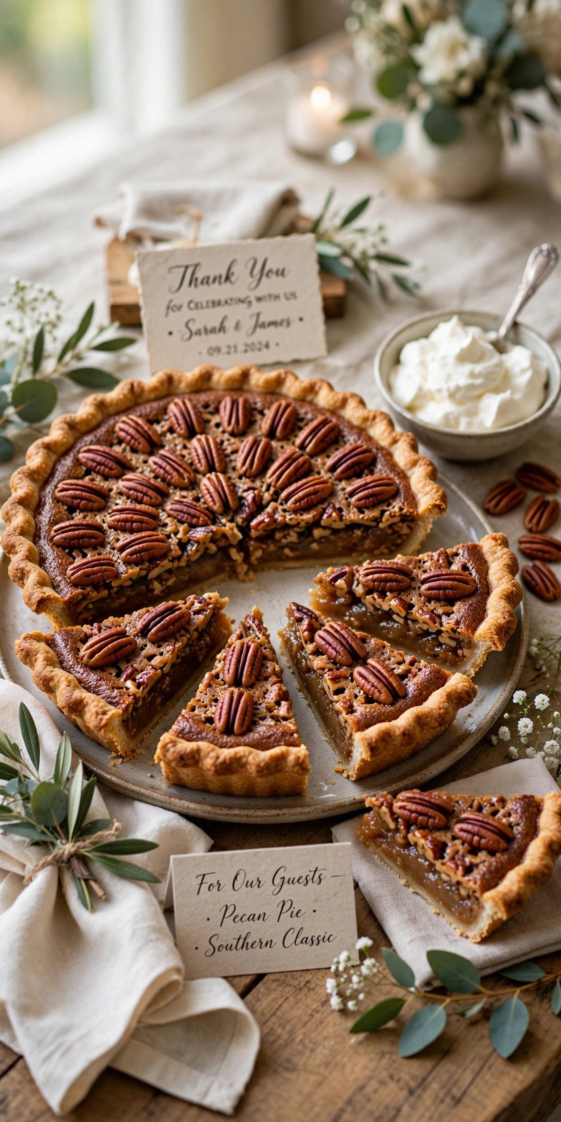 Southern pecan pie sliced for wedding guests