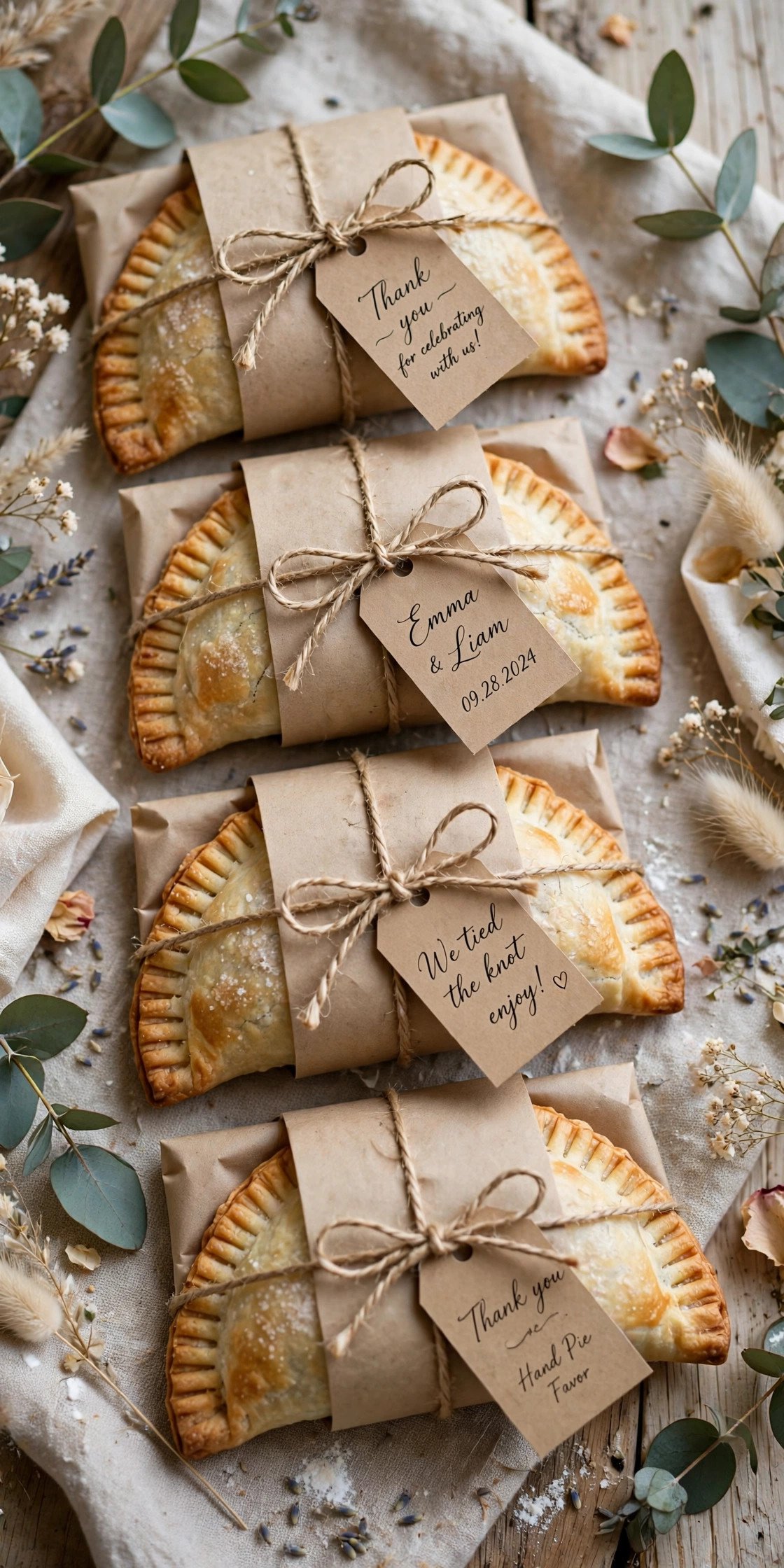 Hand pies wrapped for wedding guests