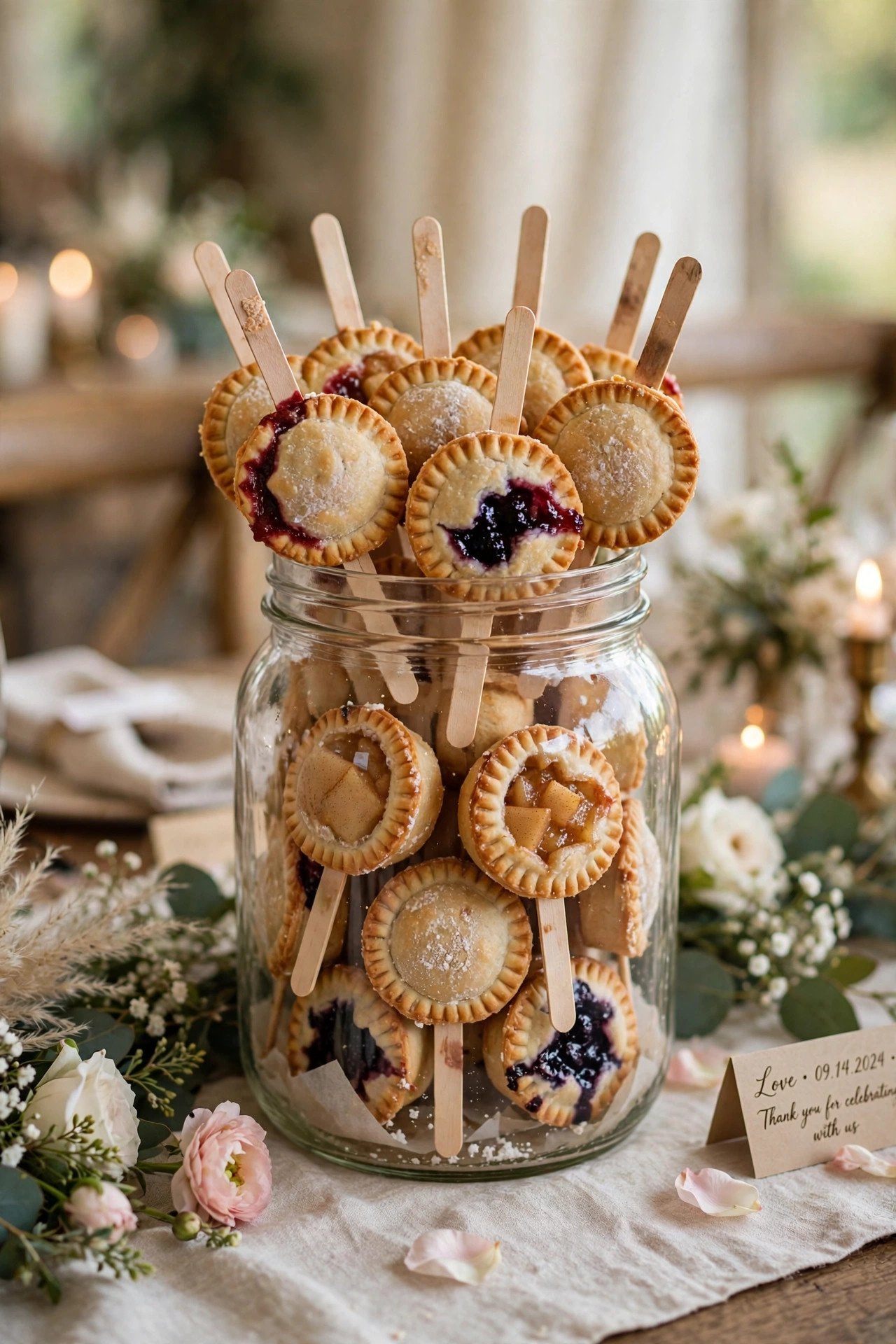 Pie pops displayed in a jar at a wedding