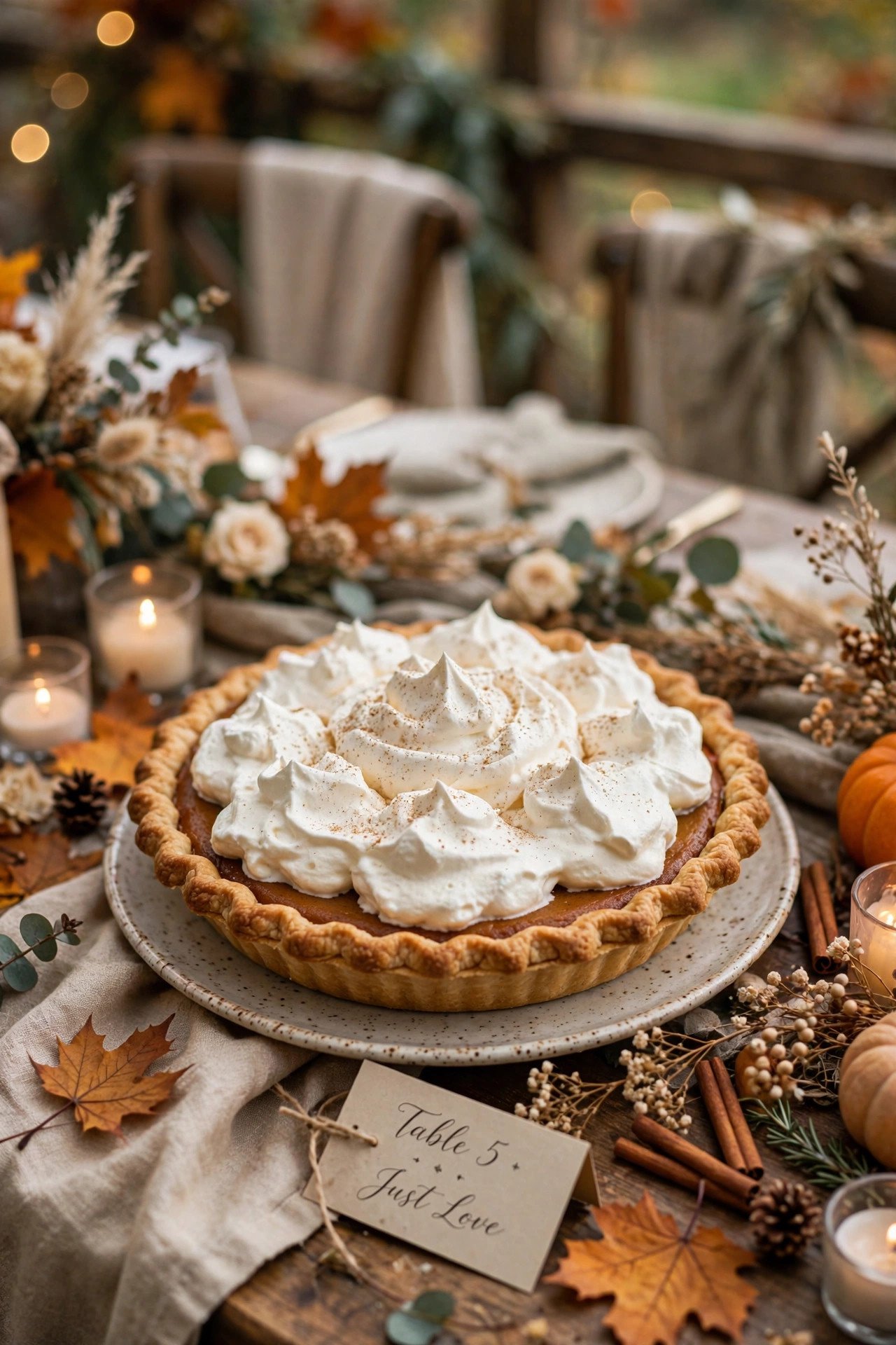 Pumpkin pie with whipped cream at a fall wedding