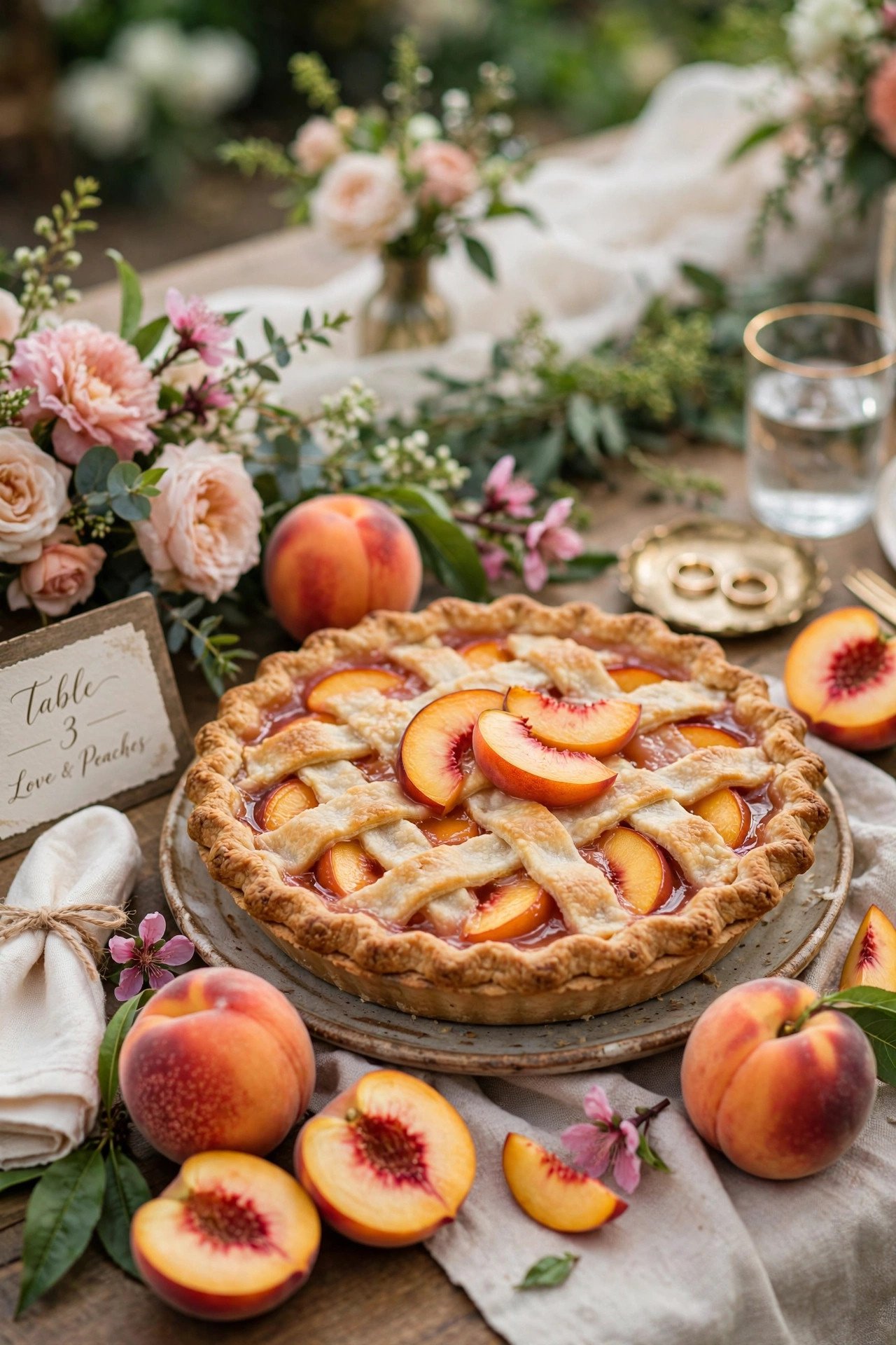 Peach pie with fresh peaches at a summer wedding
