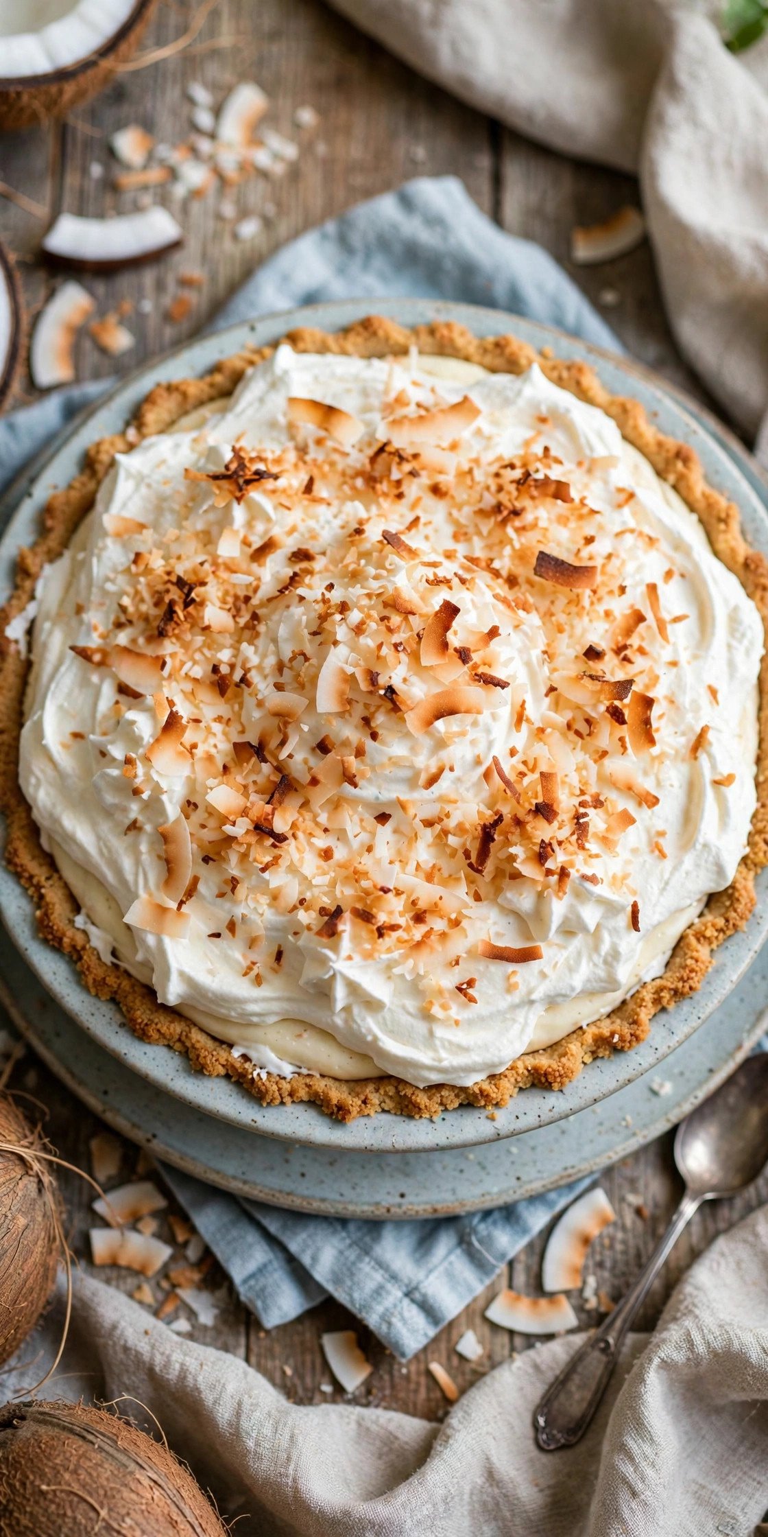 Coconut cream pie topped with toasted coconut