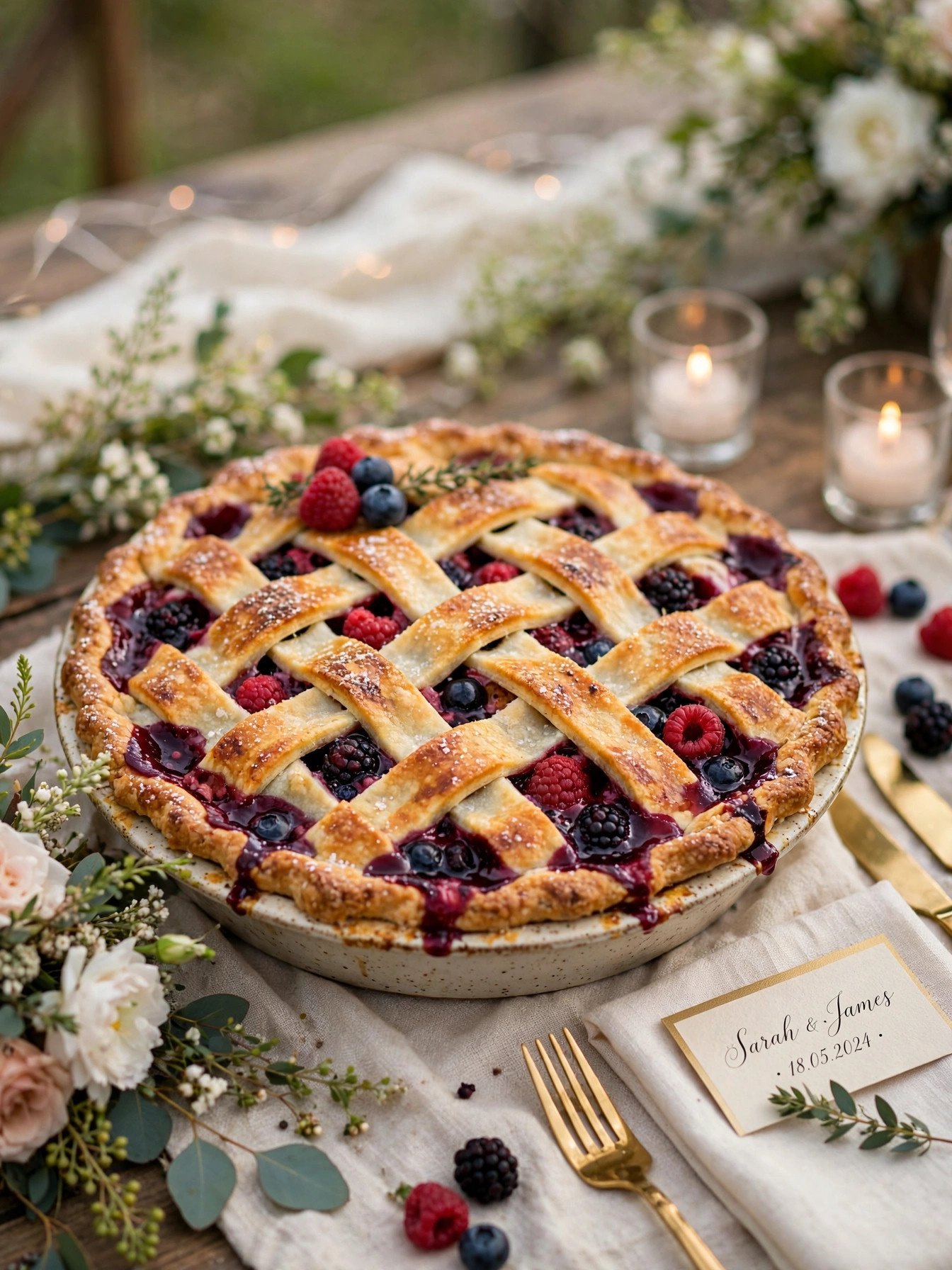 Mixed berry pie with lattice top at a wedding