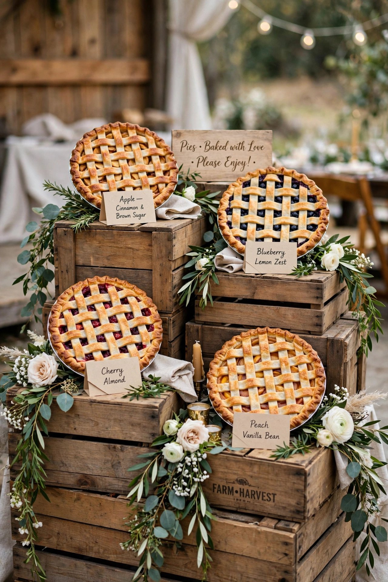 Lattice pie display on wooden crates at a wedding