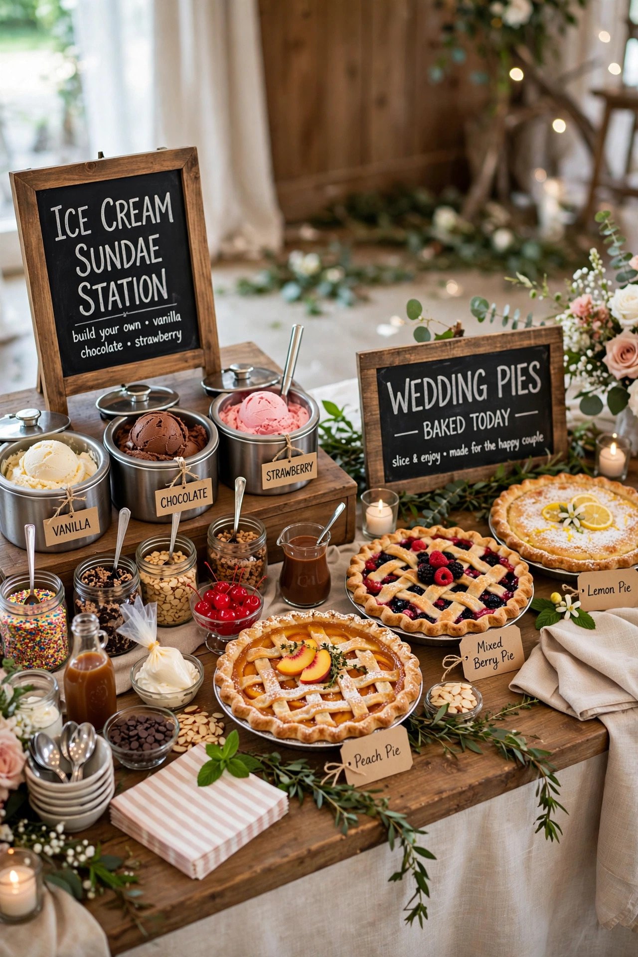 Ice cream sundae station next to wedding pies