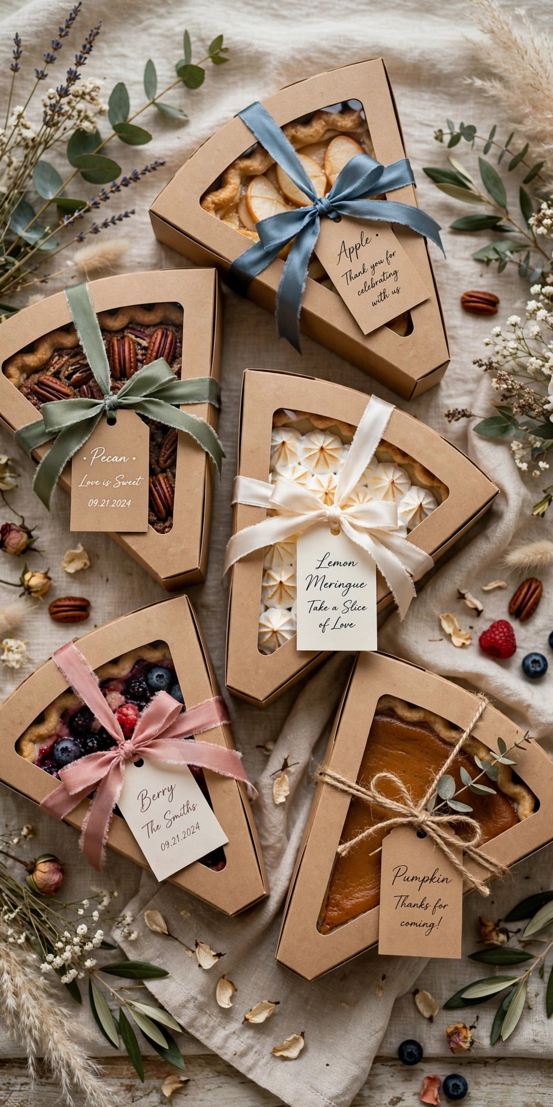 Pie slice take-home boxes for wedding guests