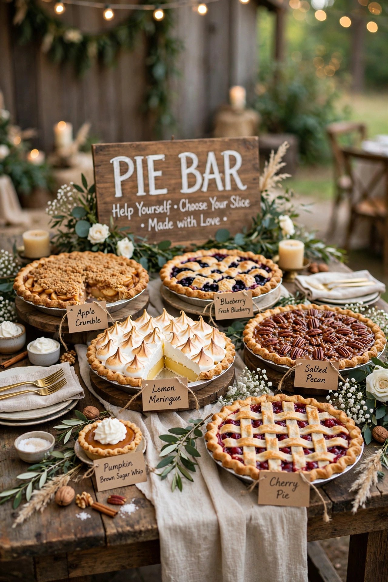 Wedding pie bar with assorted pies on a rustic dessert table