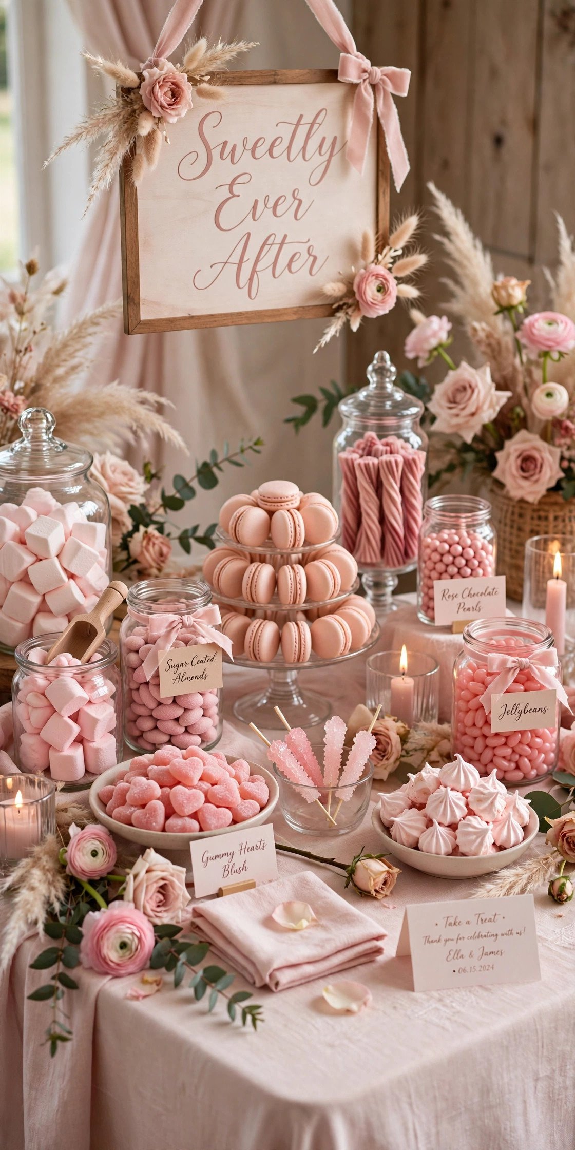 Color-coordinated wedding candy buffet in blush tones