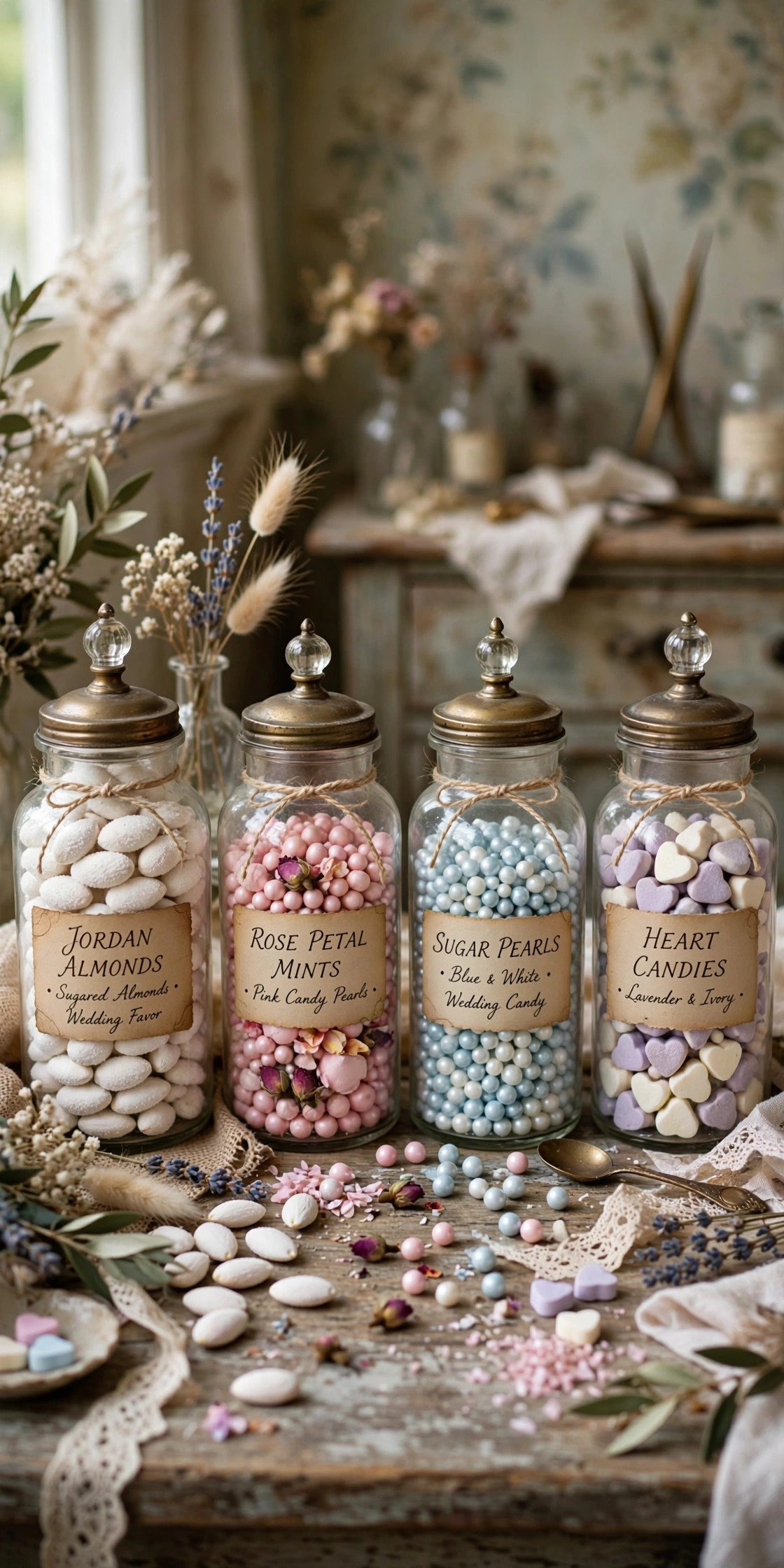 Vintage apothecary jars filled with wedding candy