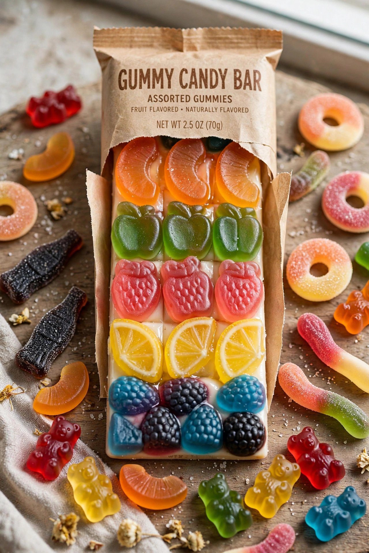 Gummy candy bar with assorted gummies