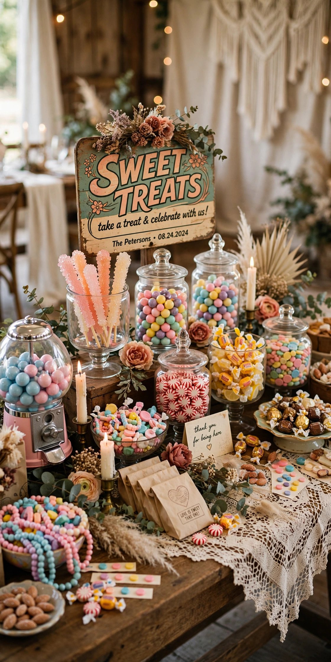 Retro nostalgic candy display at a wedding