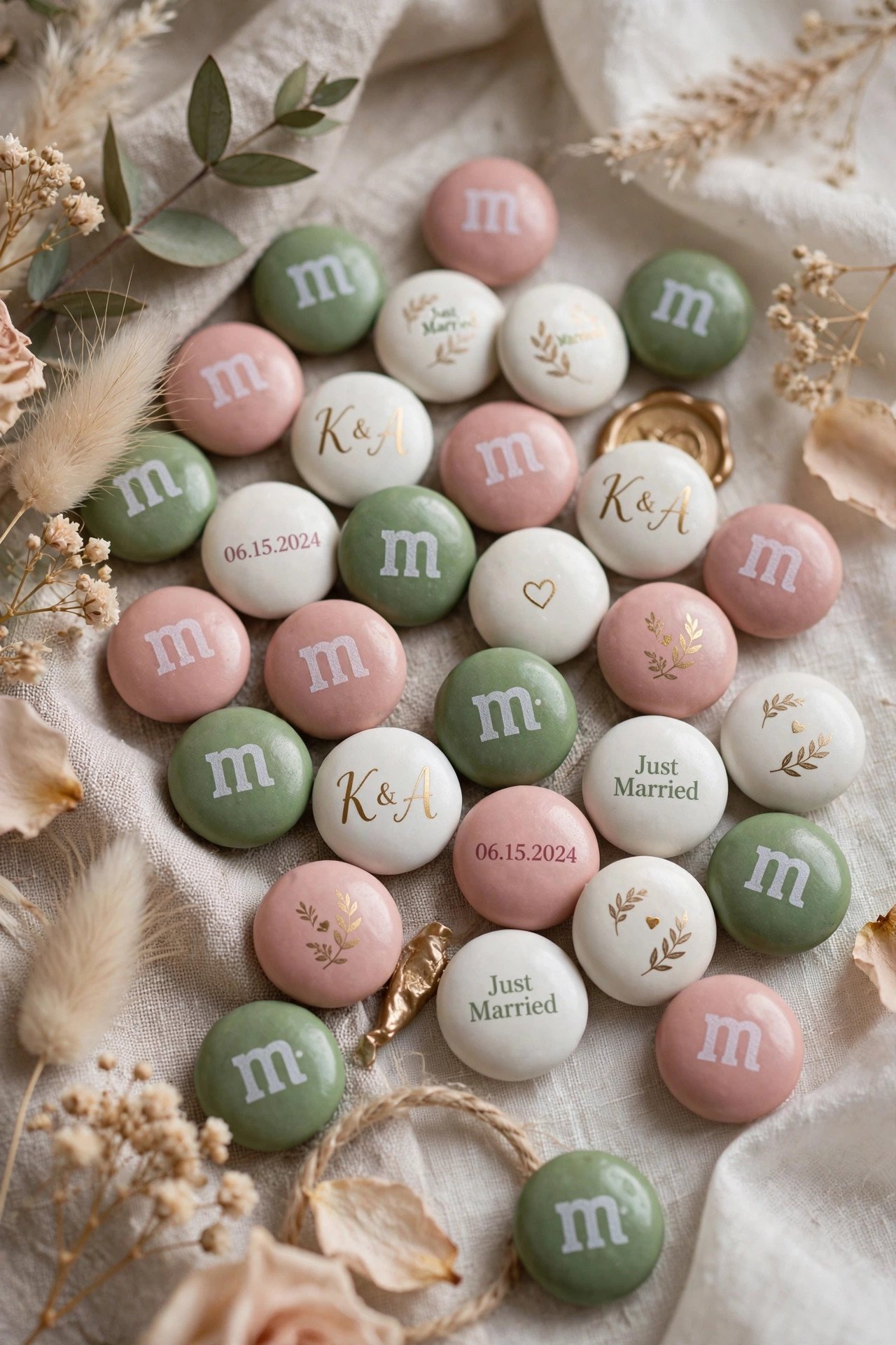 Custom printed M&Ms in wedding colors
