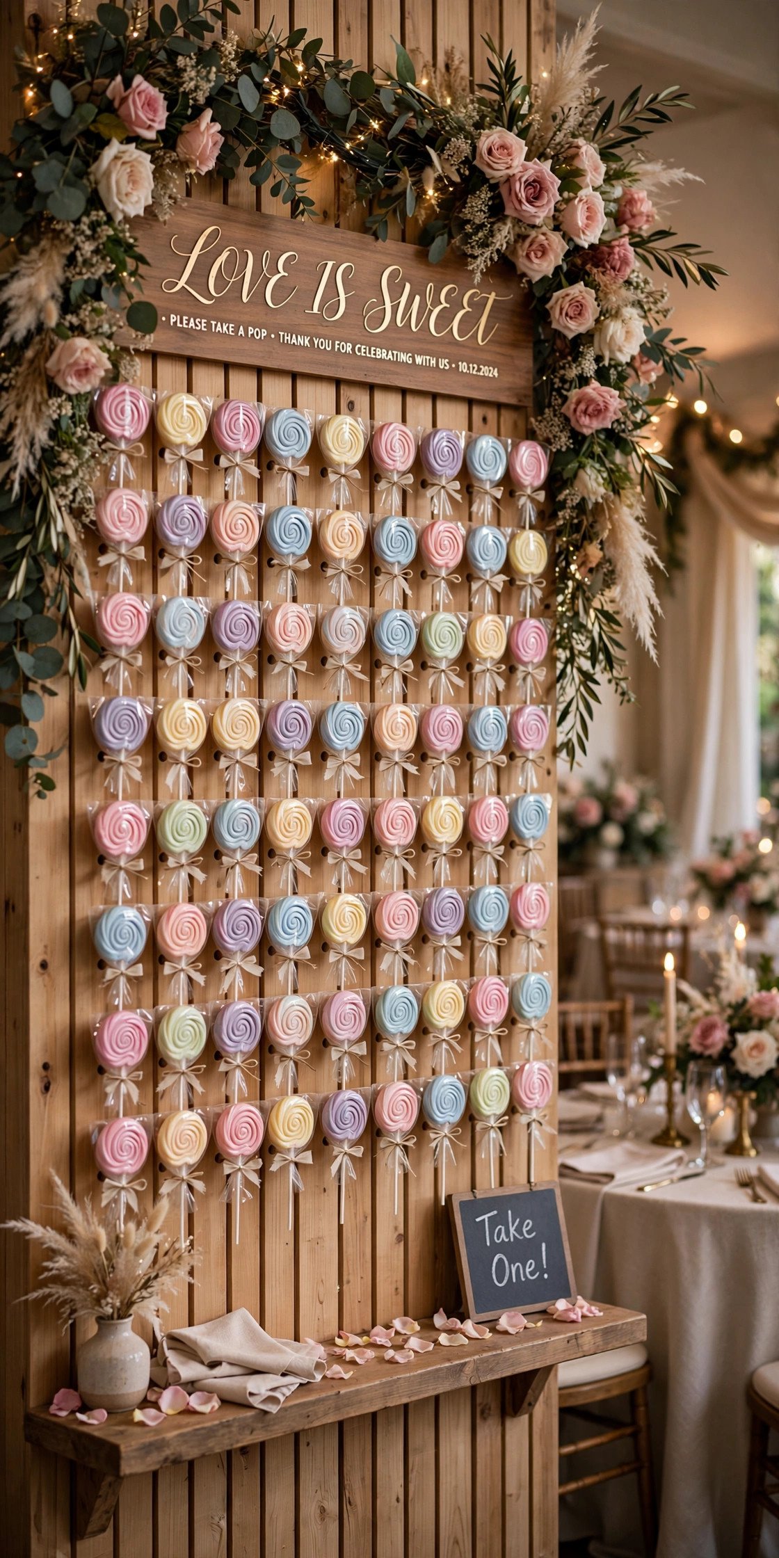 Lollipop wall display at a wedding reception