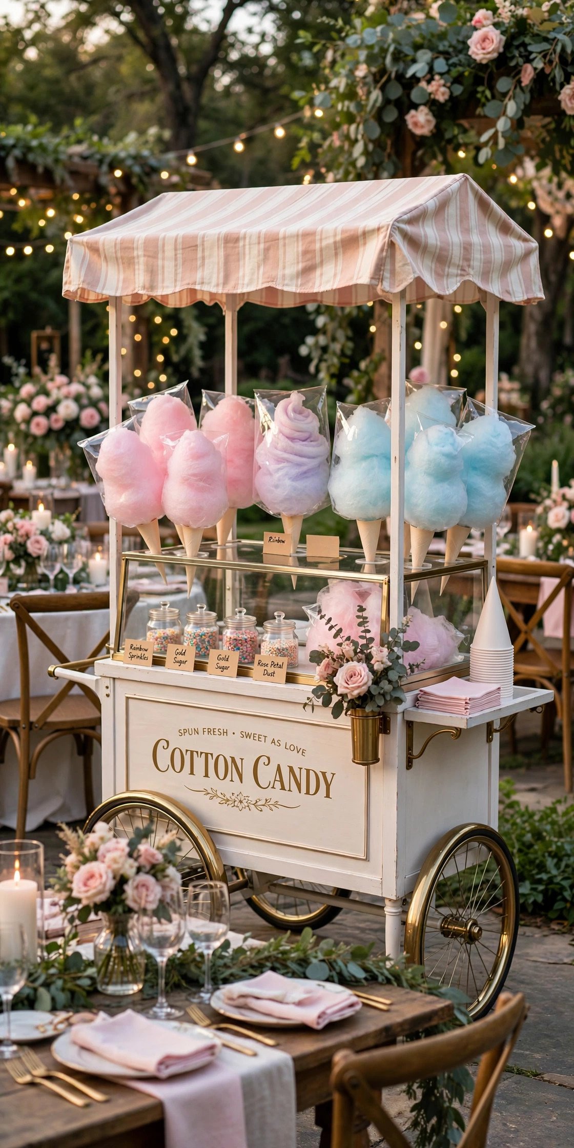 Cotton candy cart at a wedding reception
