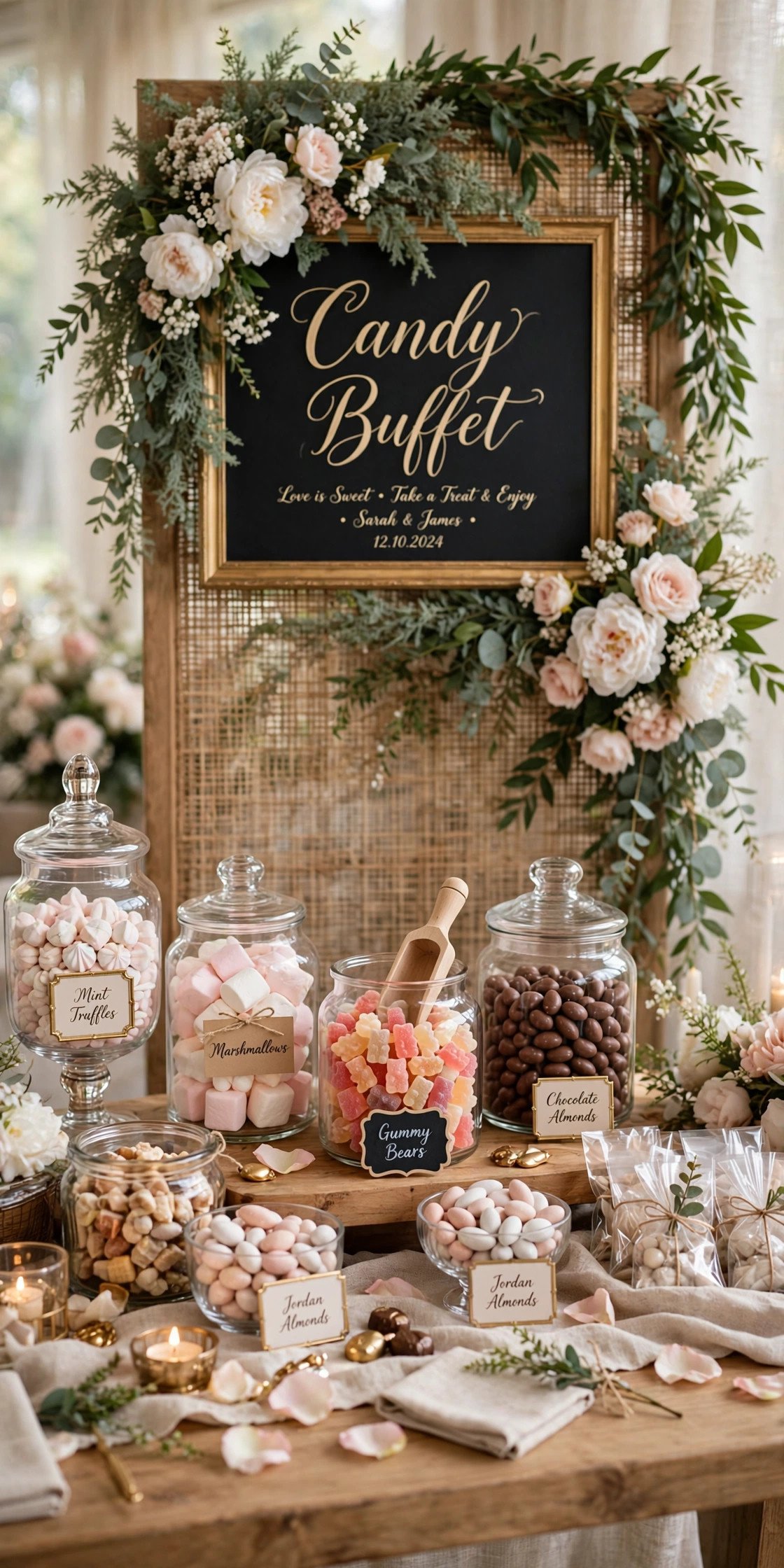 Wedding candy buffet with elegant signage