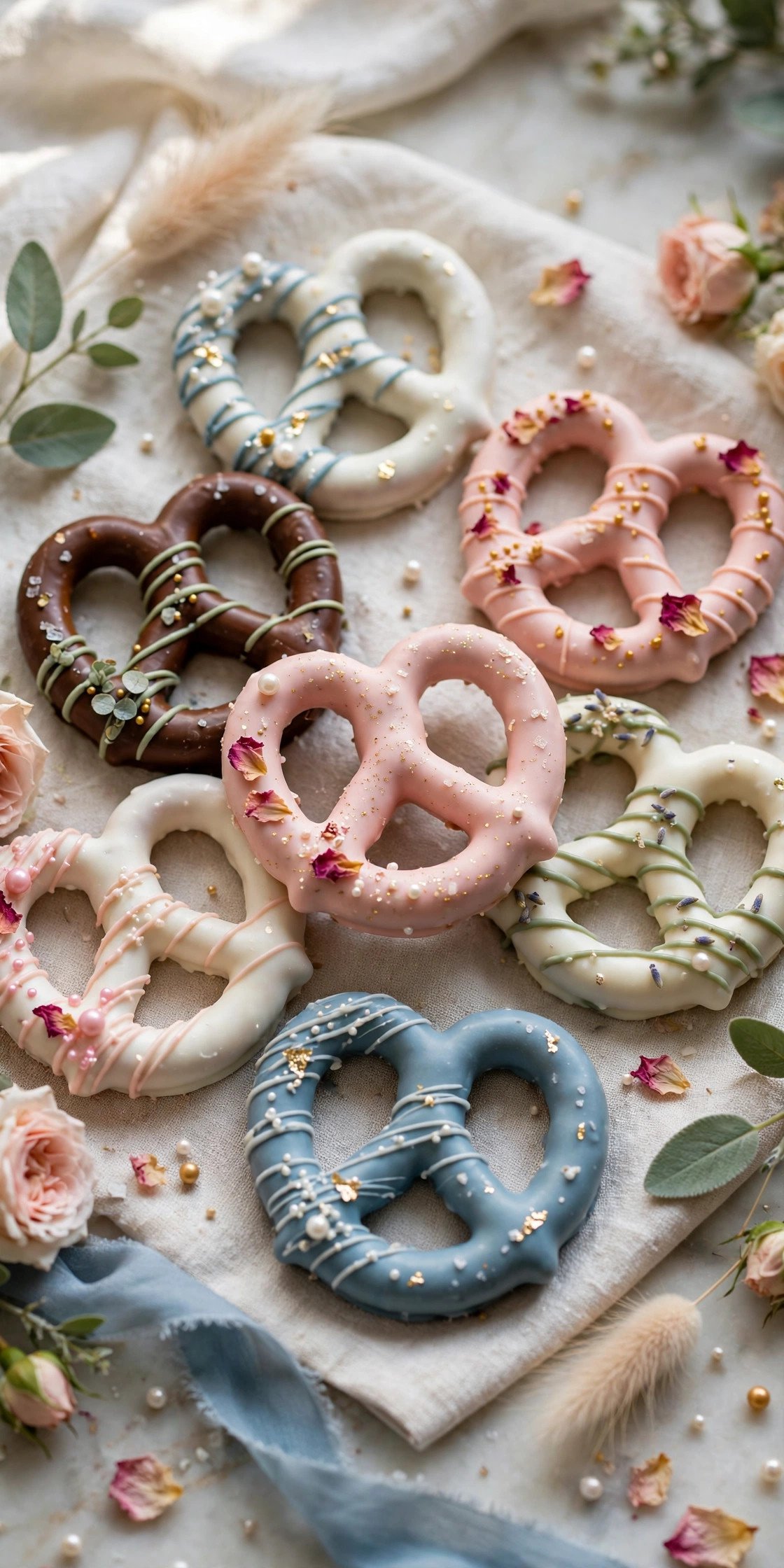 Chocolate-covered pretzels in wedding colors