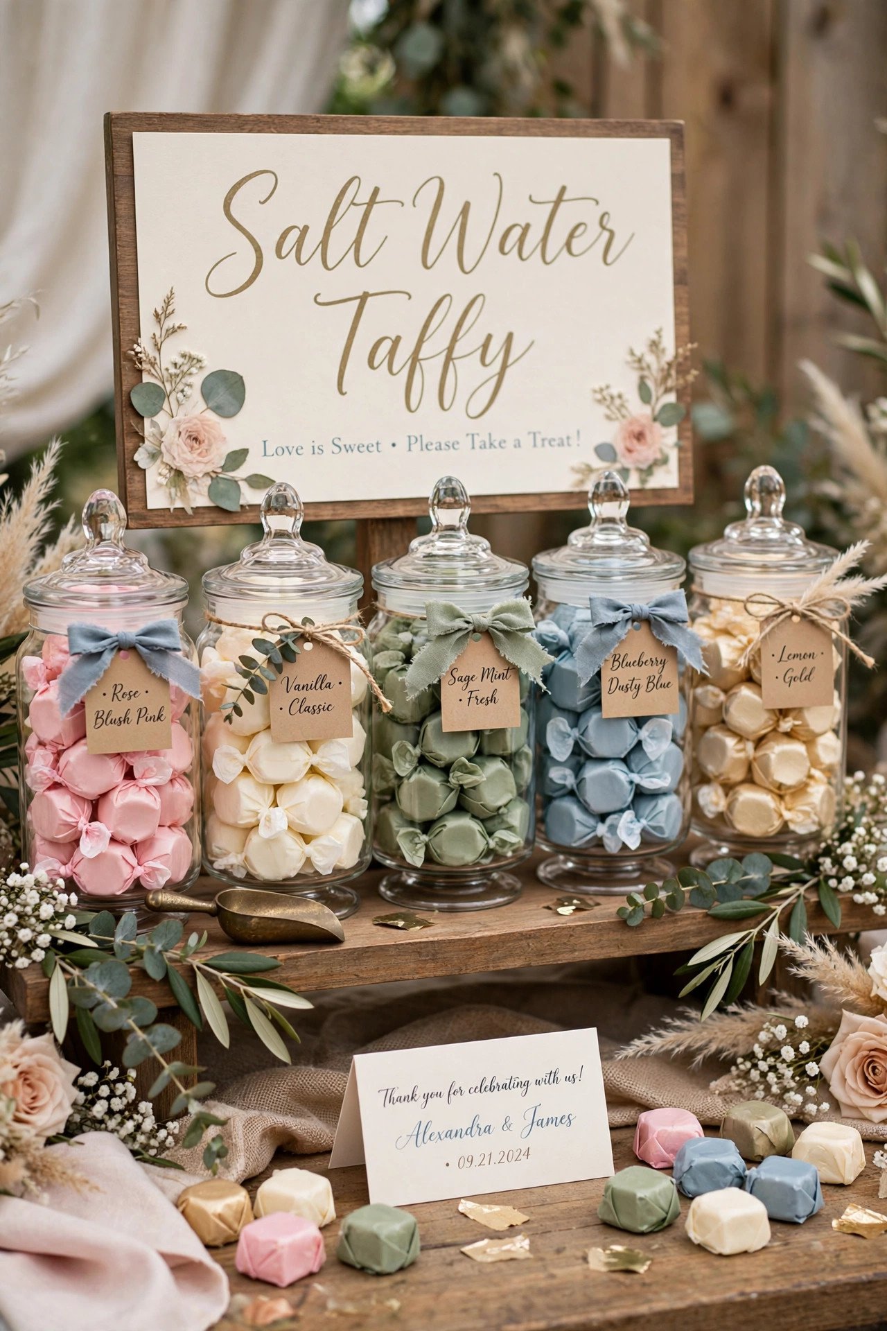 Salt water taffy display in wedding colors